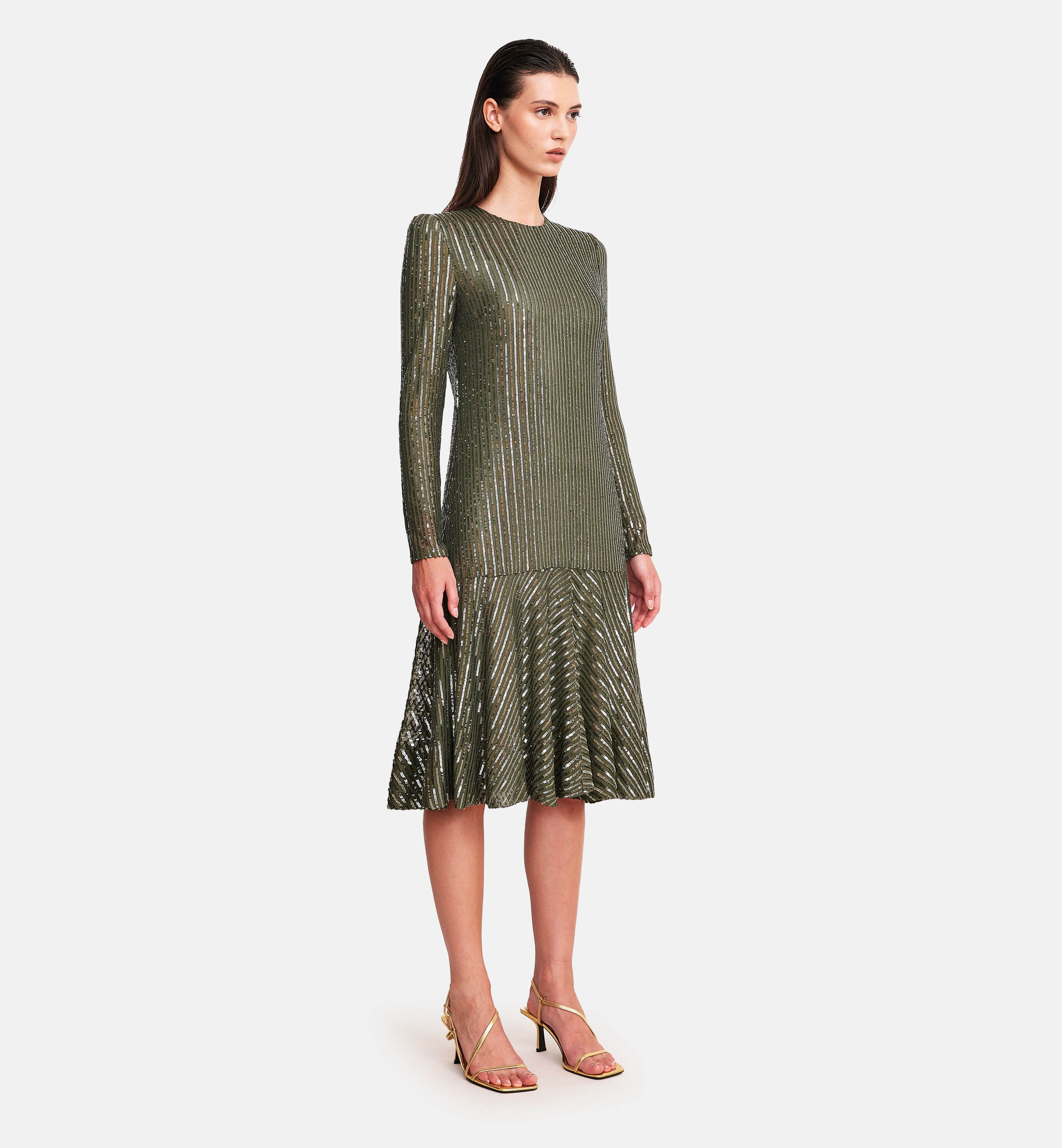 sequins lines low waist dress, olive