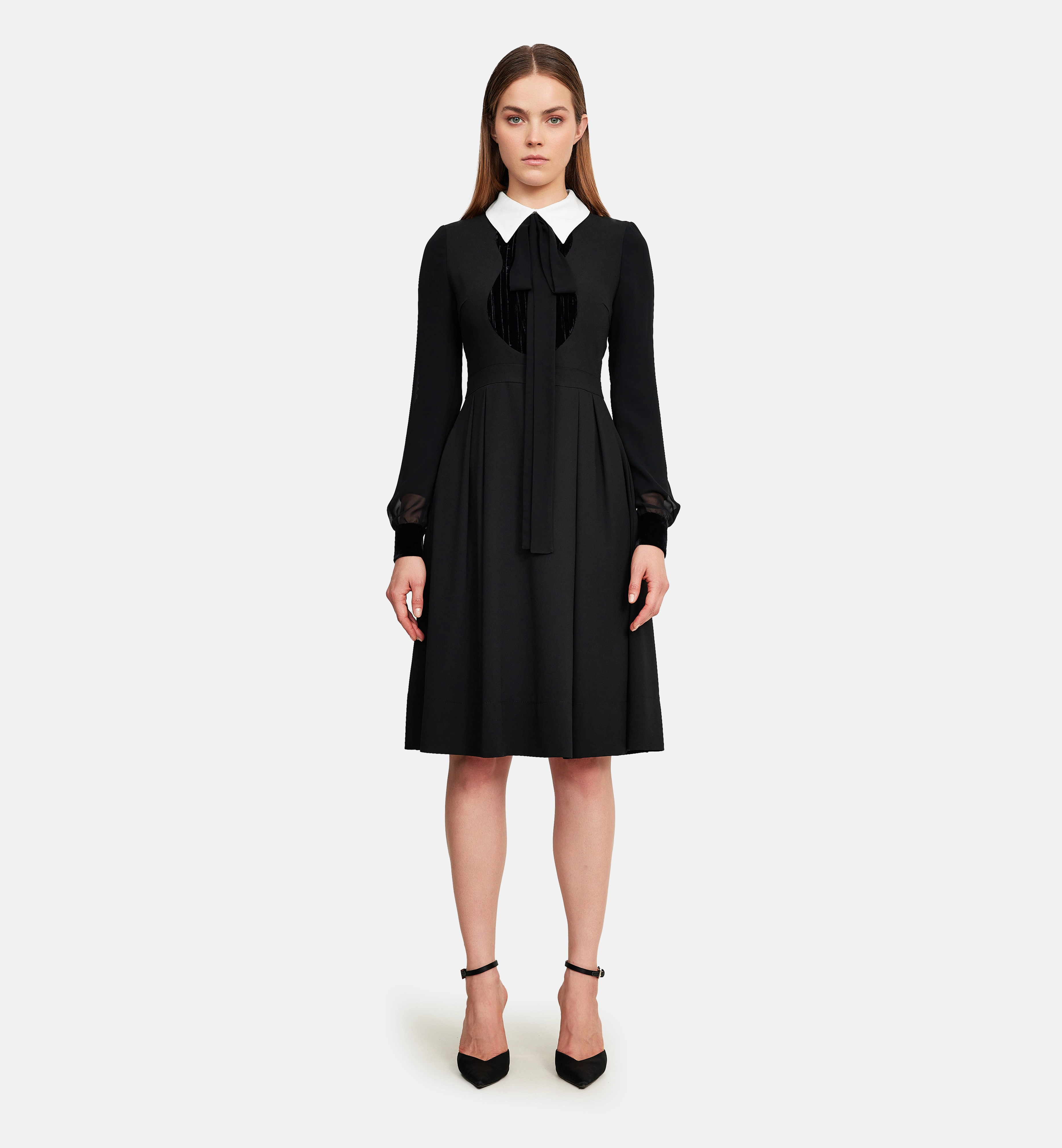 Velvet folds and white collar dress, black