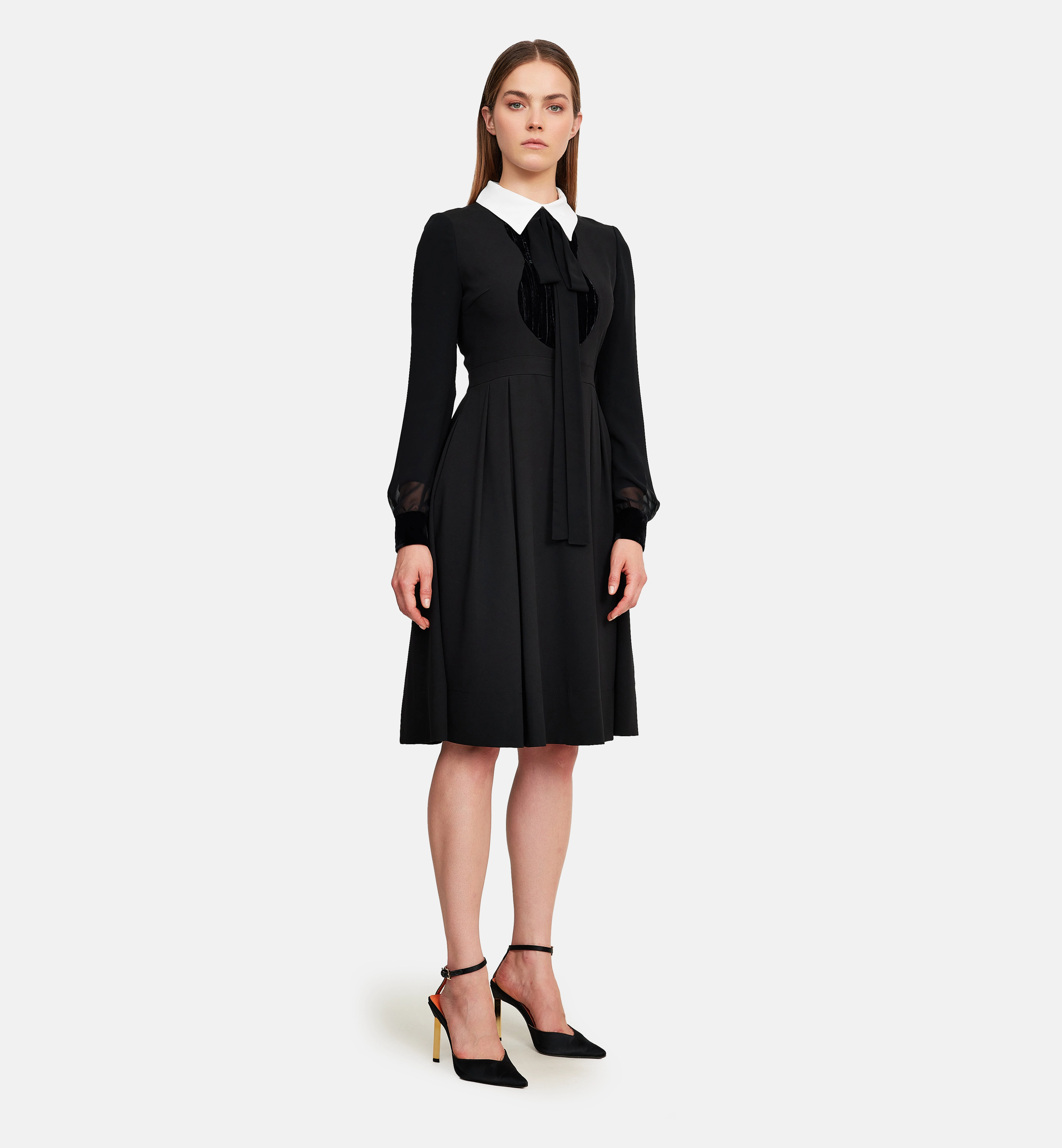 Velvet folds and white collar dress, black