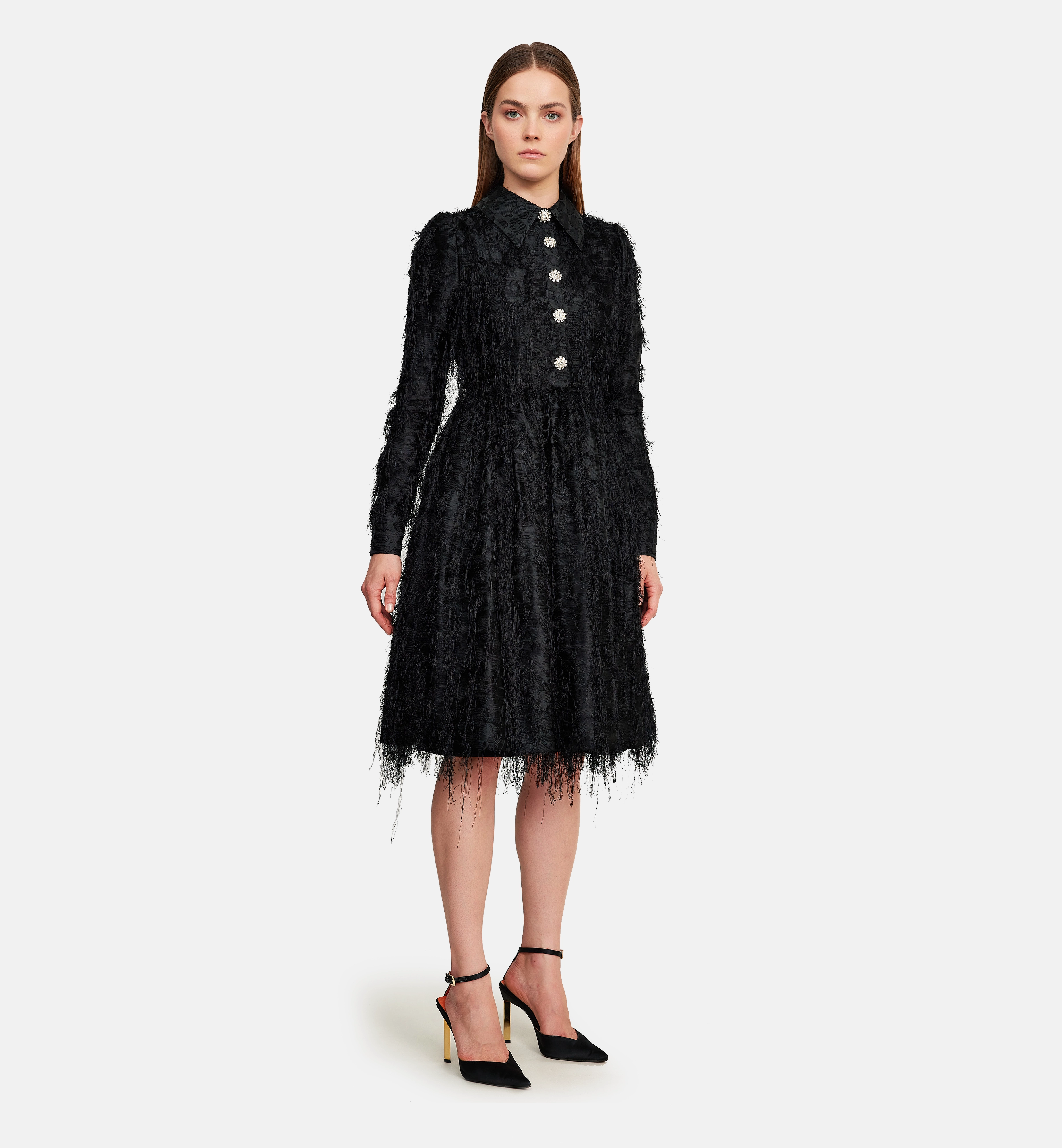 Furry brocade and diamonds buttons dress, black