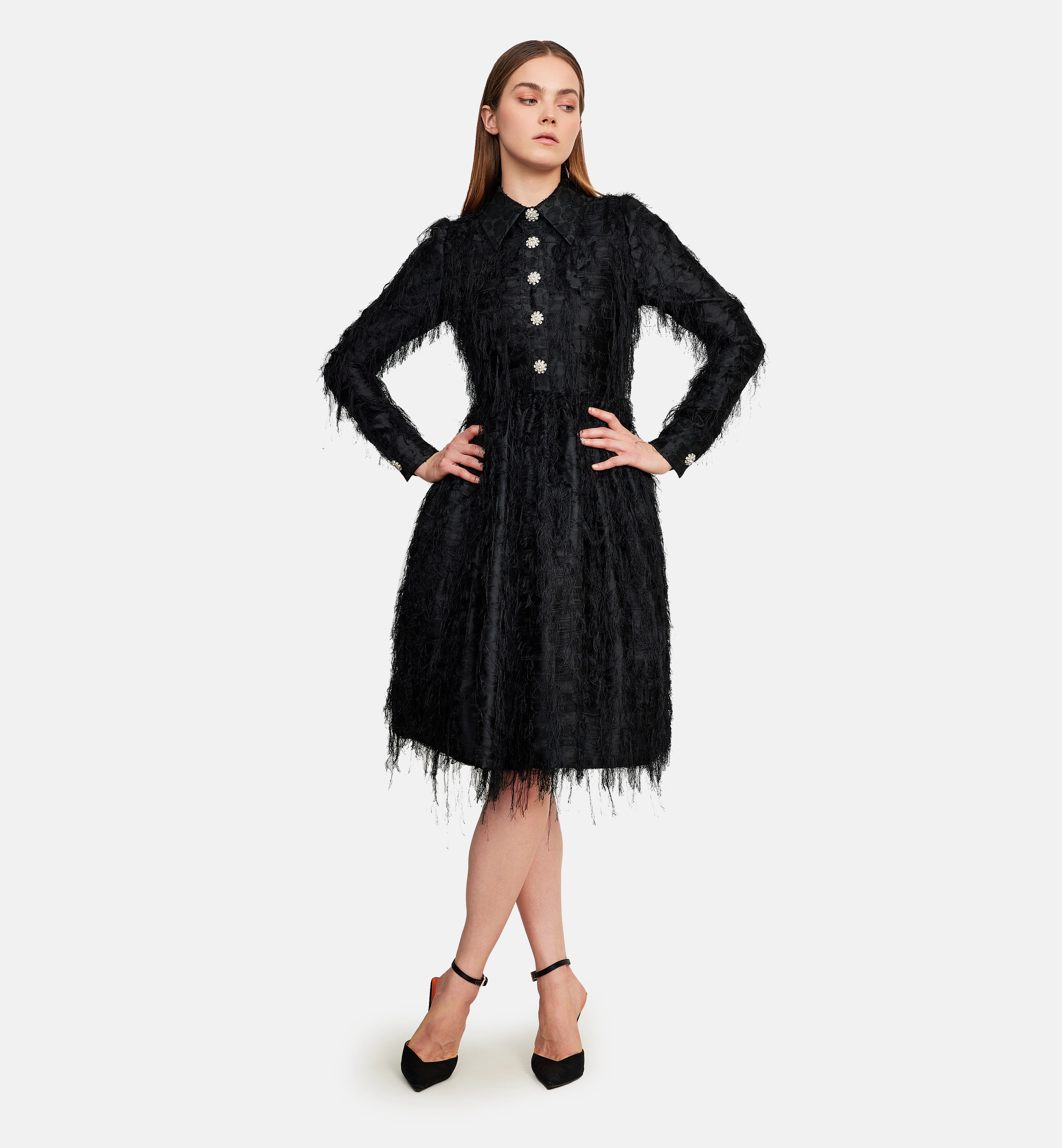 Furry brocade and diamonds buttons dress, black