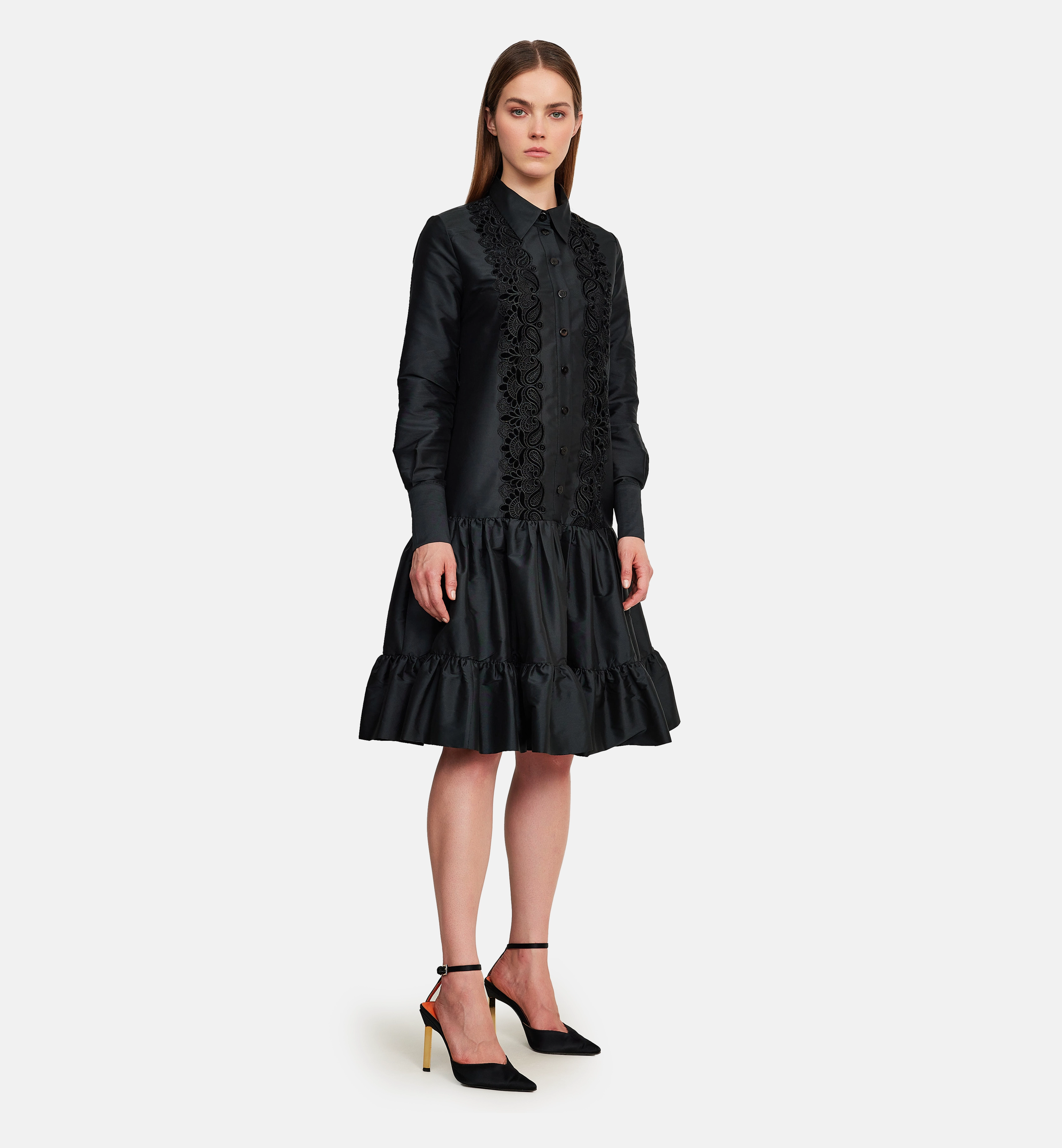 Taffeta with floral velvet ribbon dress, black