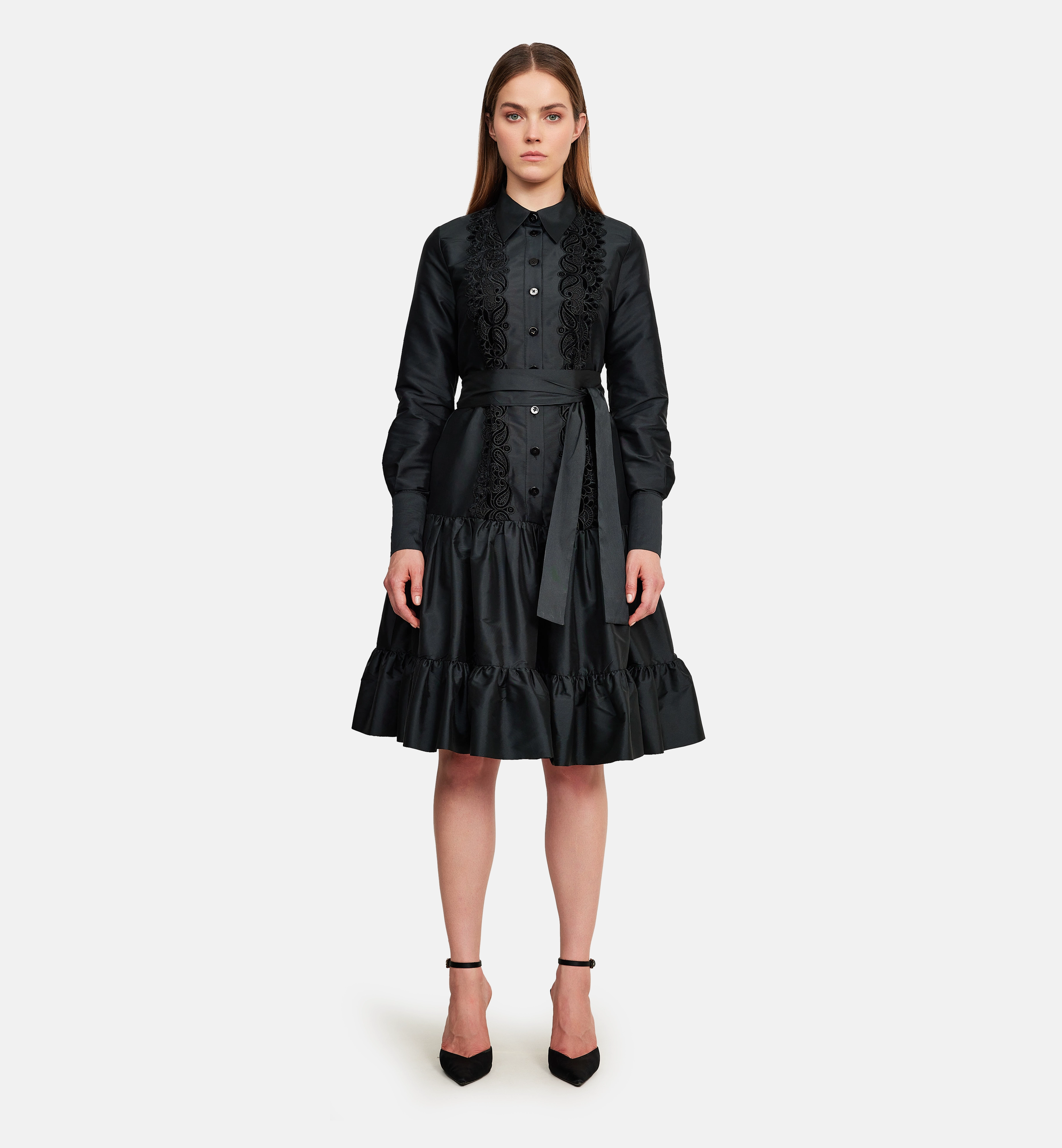 Taffeta with floral velvet ribbon dress, black