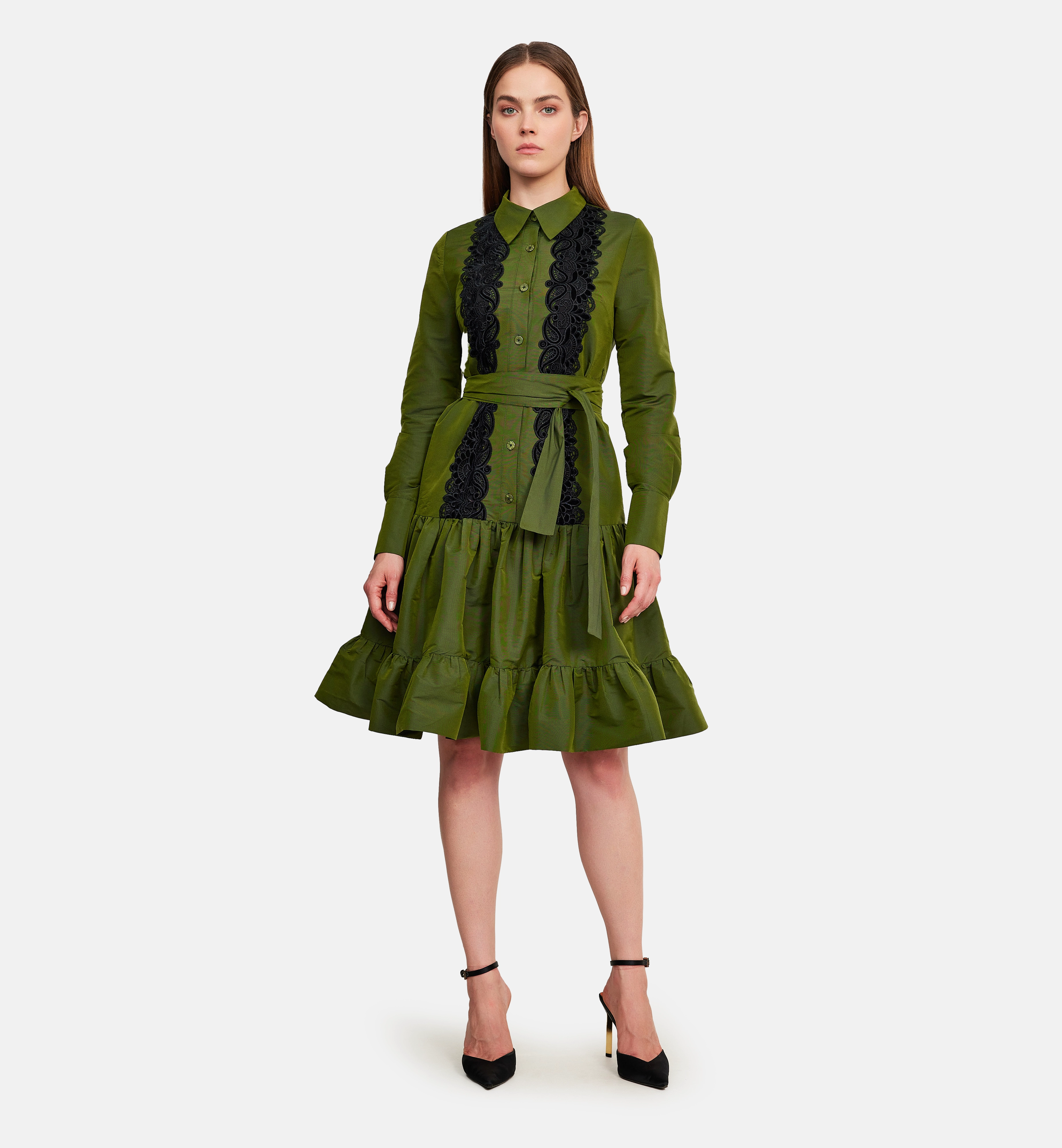 Taffeta with floral velvet ribbon dress, green