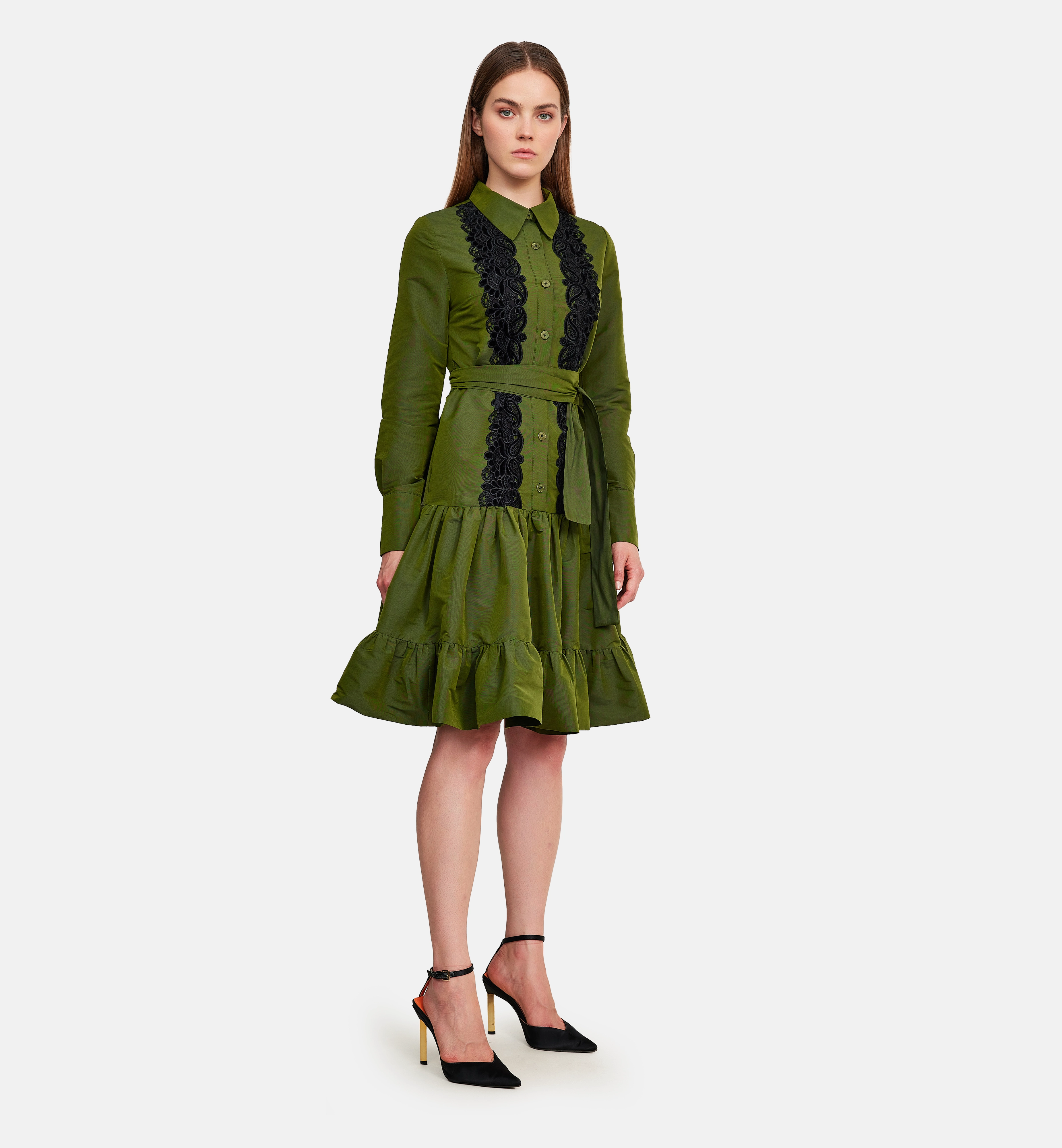 Taffeta with floral velvet ribbon dress, green