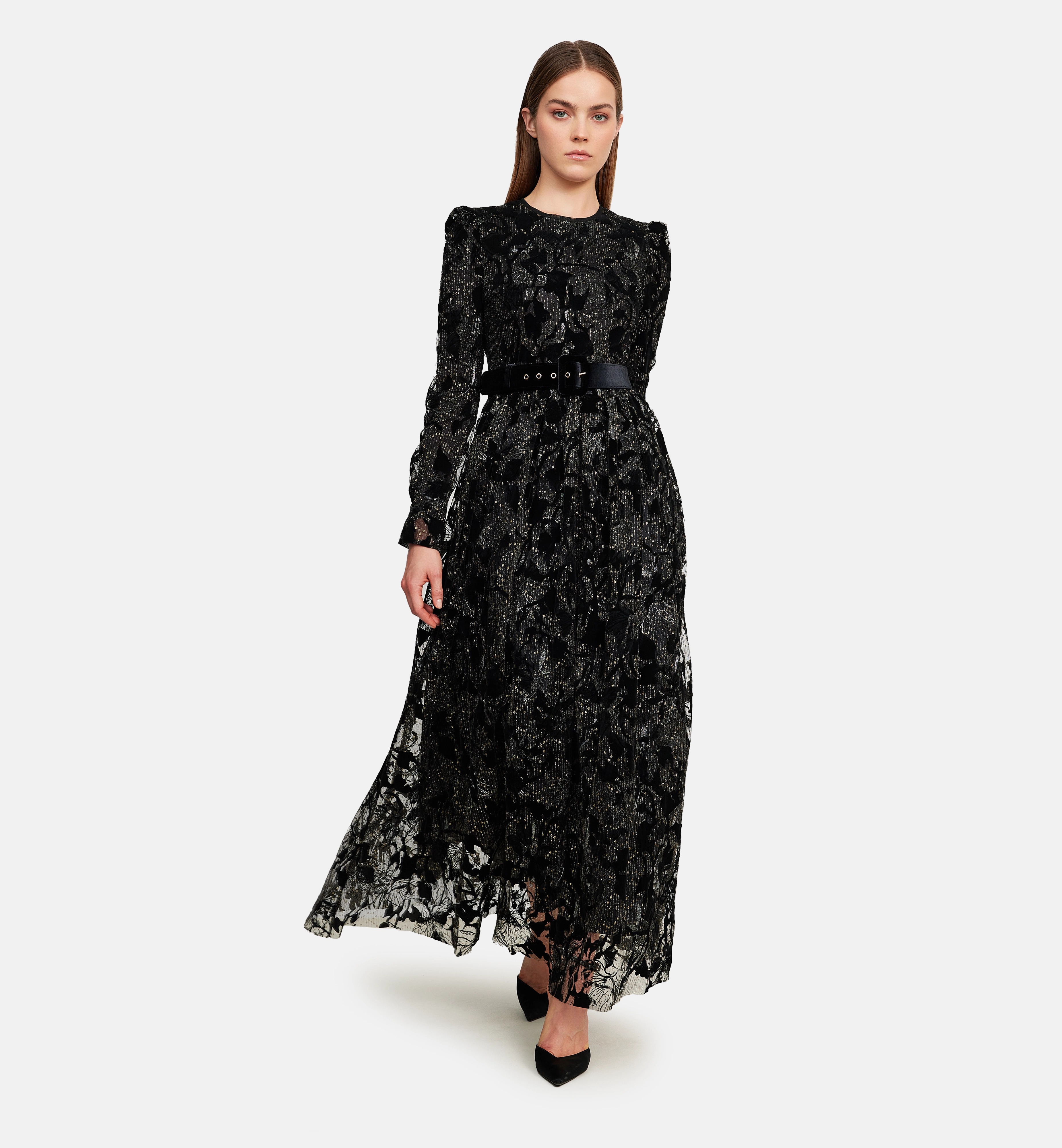 Flock velvet on embroidery mesh midi dress, black