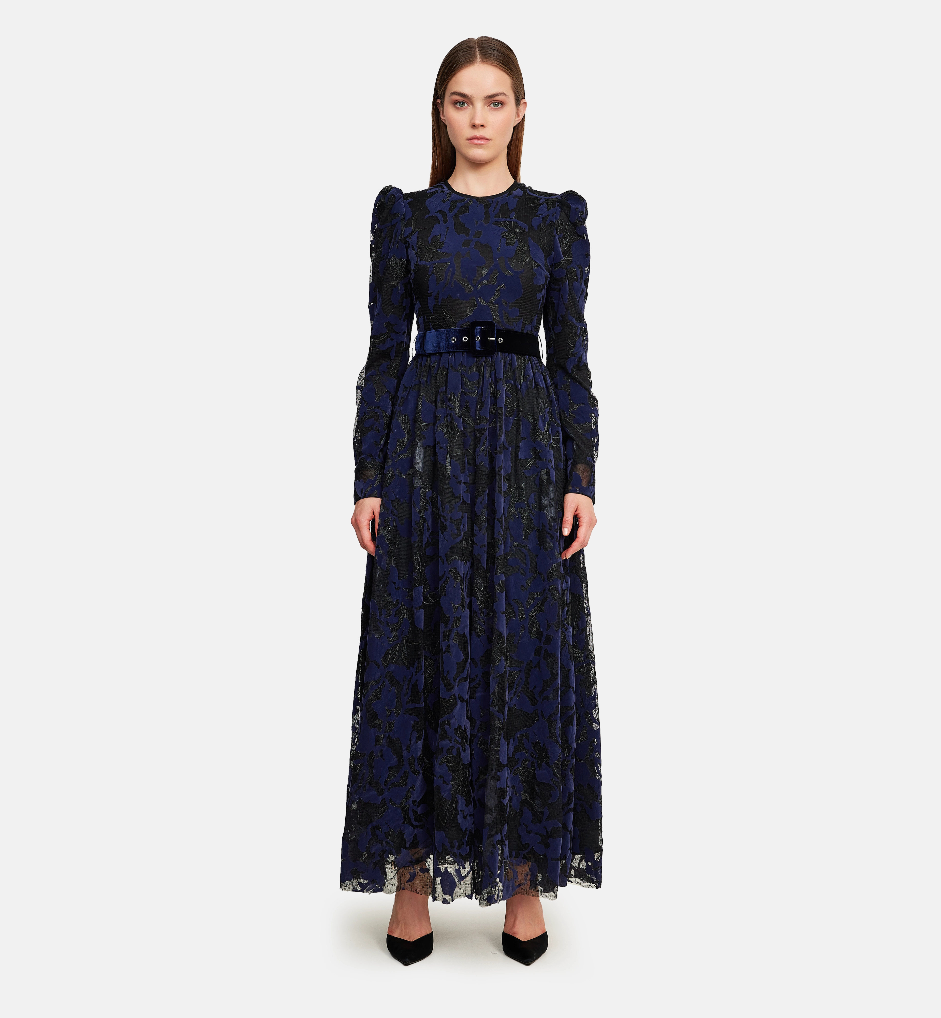 Flock velvet on embroidery mesh midi dress, blue