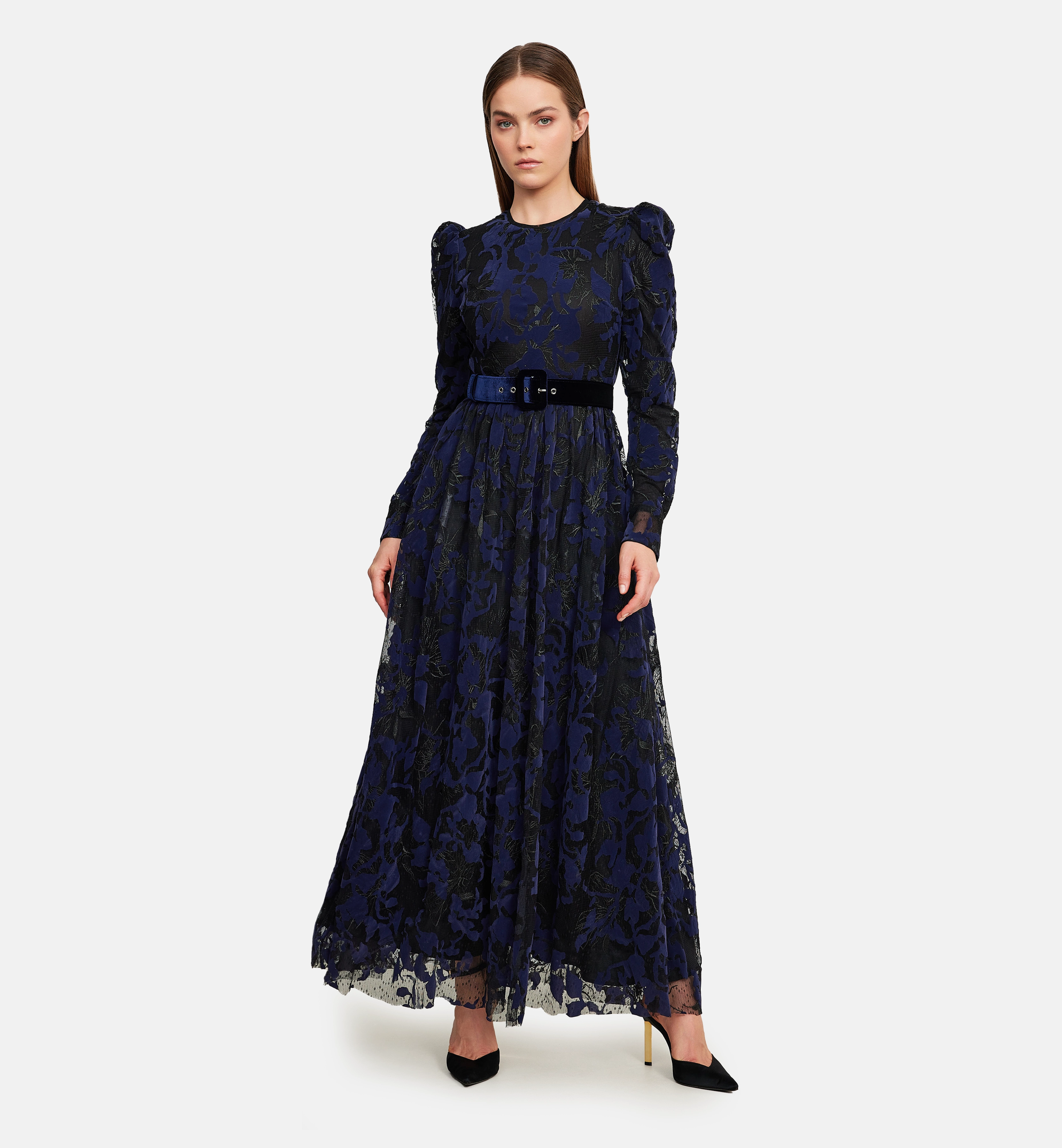 Flock velvet on embroidery mesh midi dress, blue