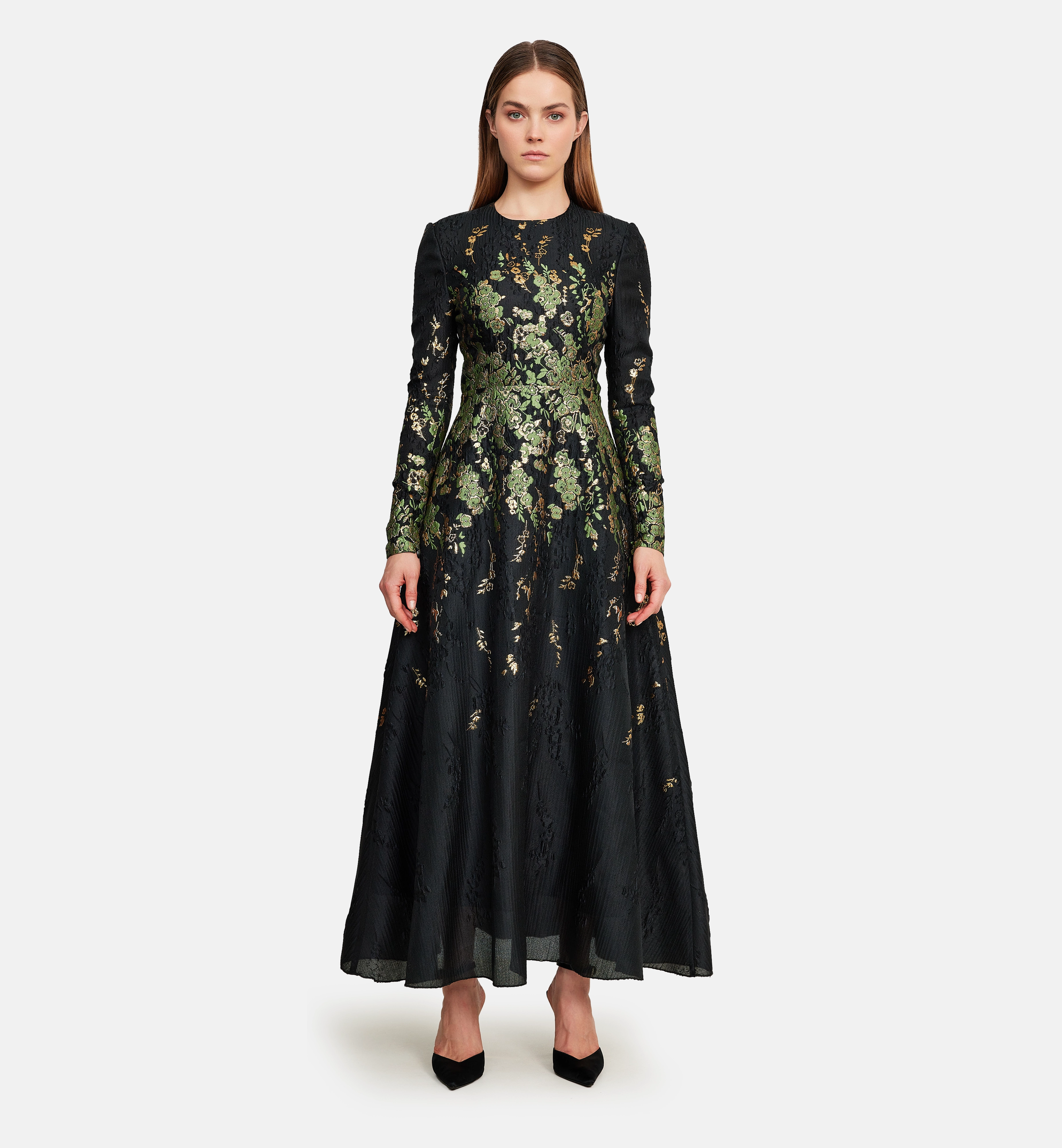 Green and gold brocade midi dress, black