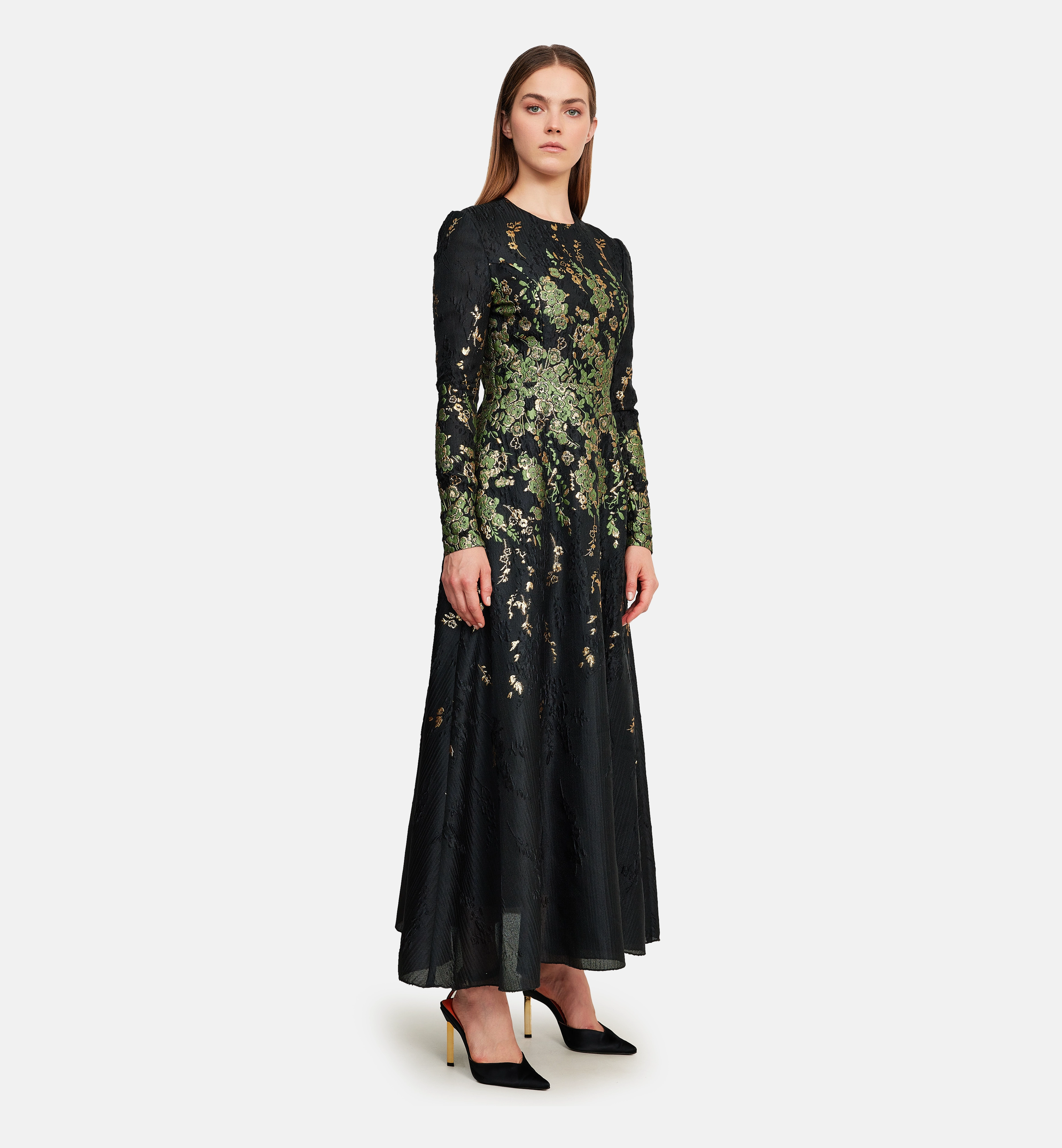 Green and gold brocade midi dress, black