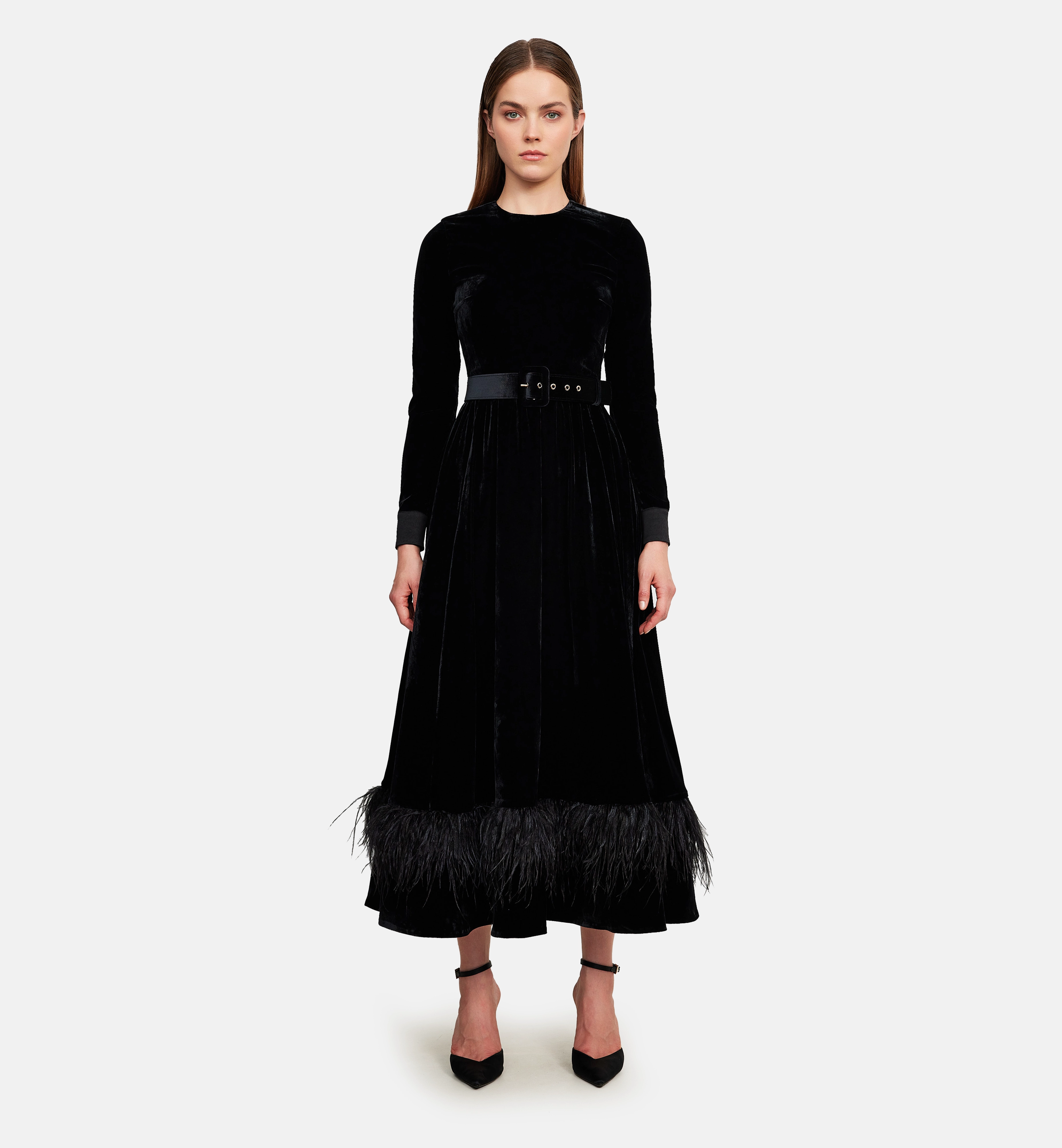 Feather and velvet midi dress, black