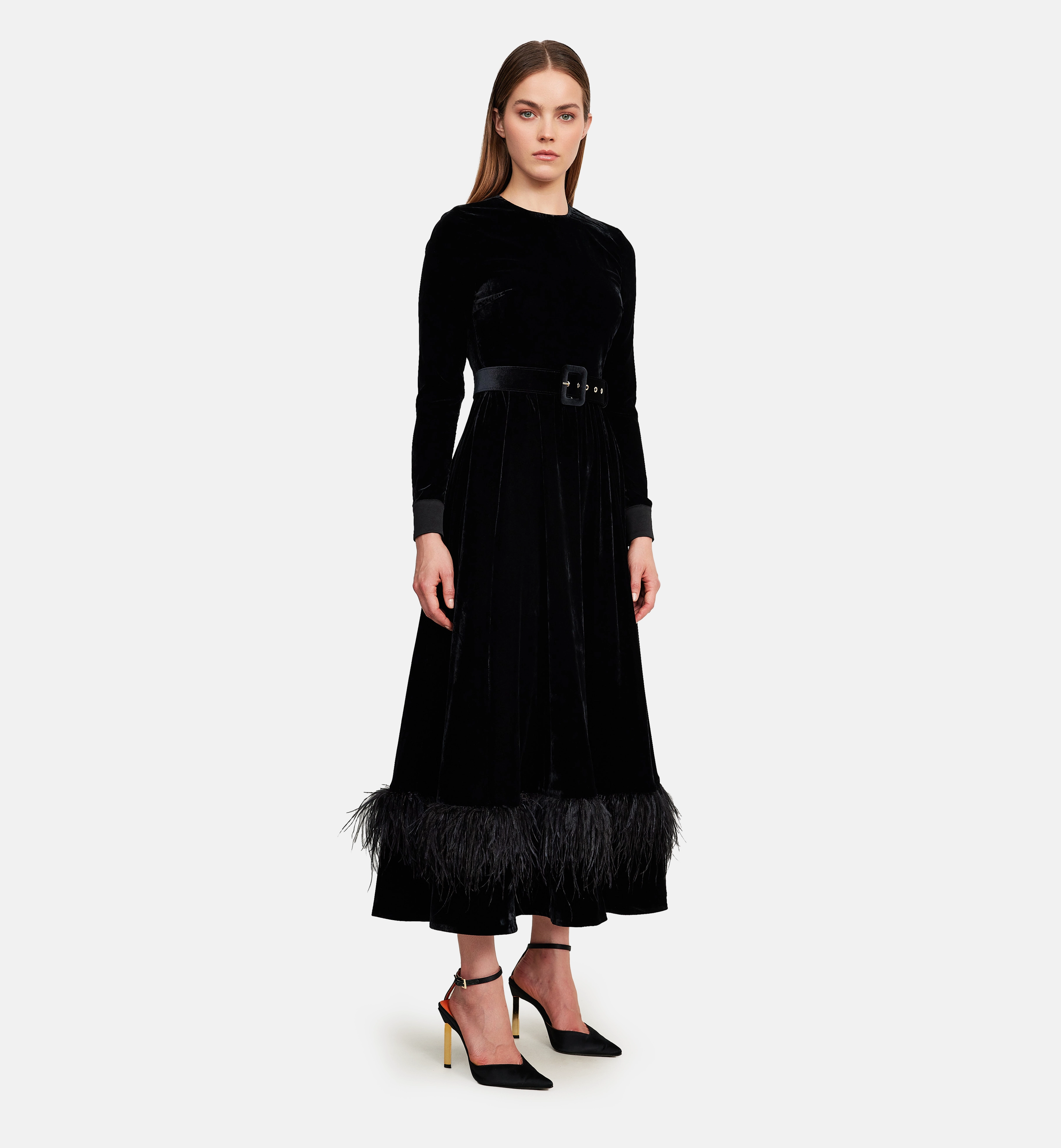 Feather and velvet midi dress, black