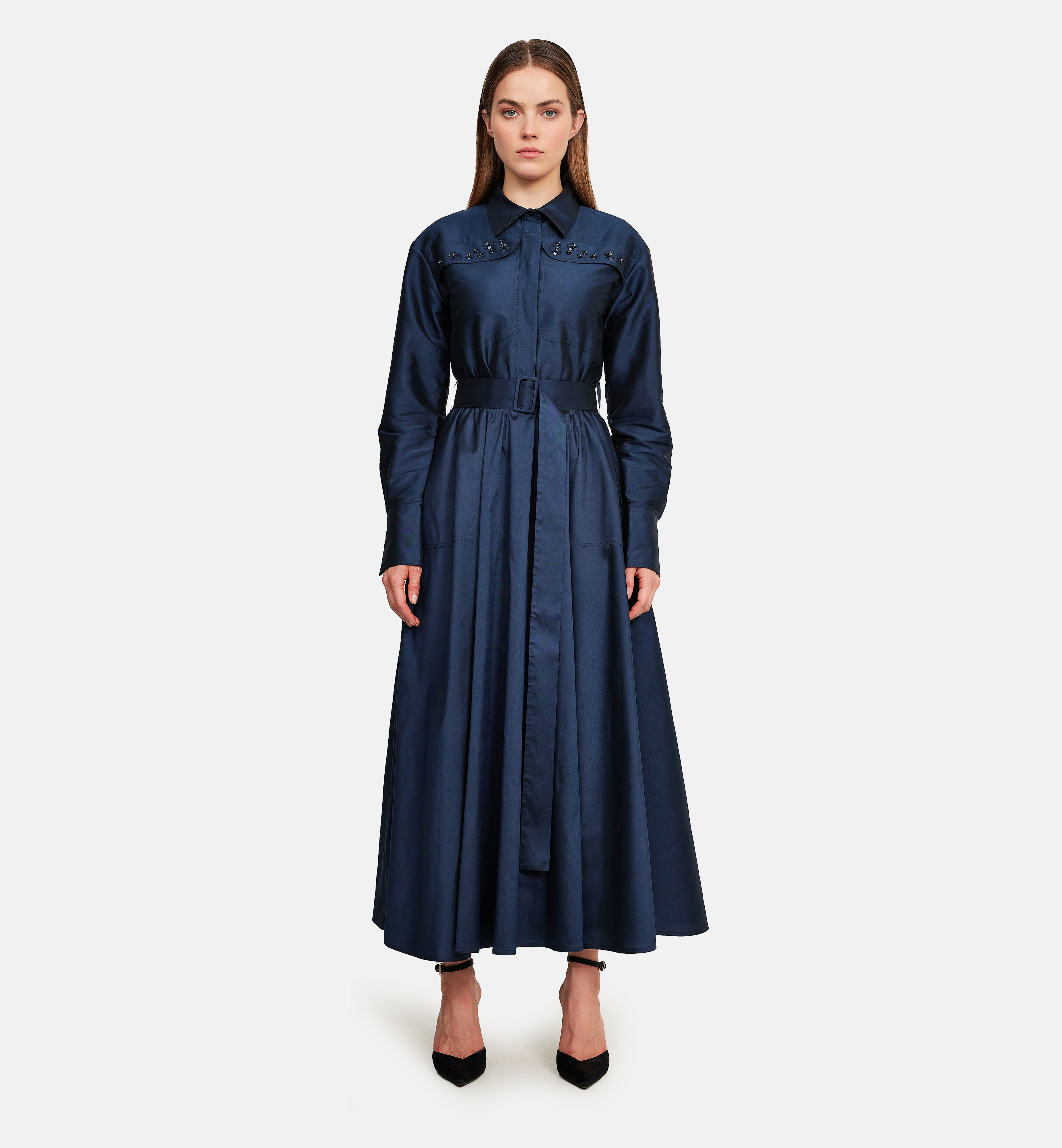 Pockets and flowers taffeta midi dress, blue