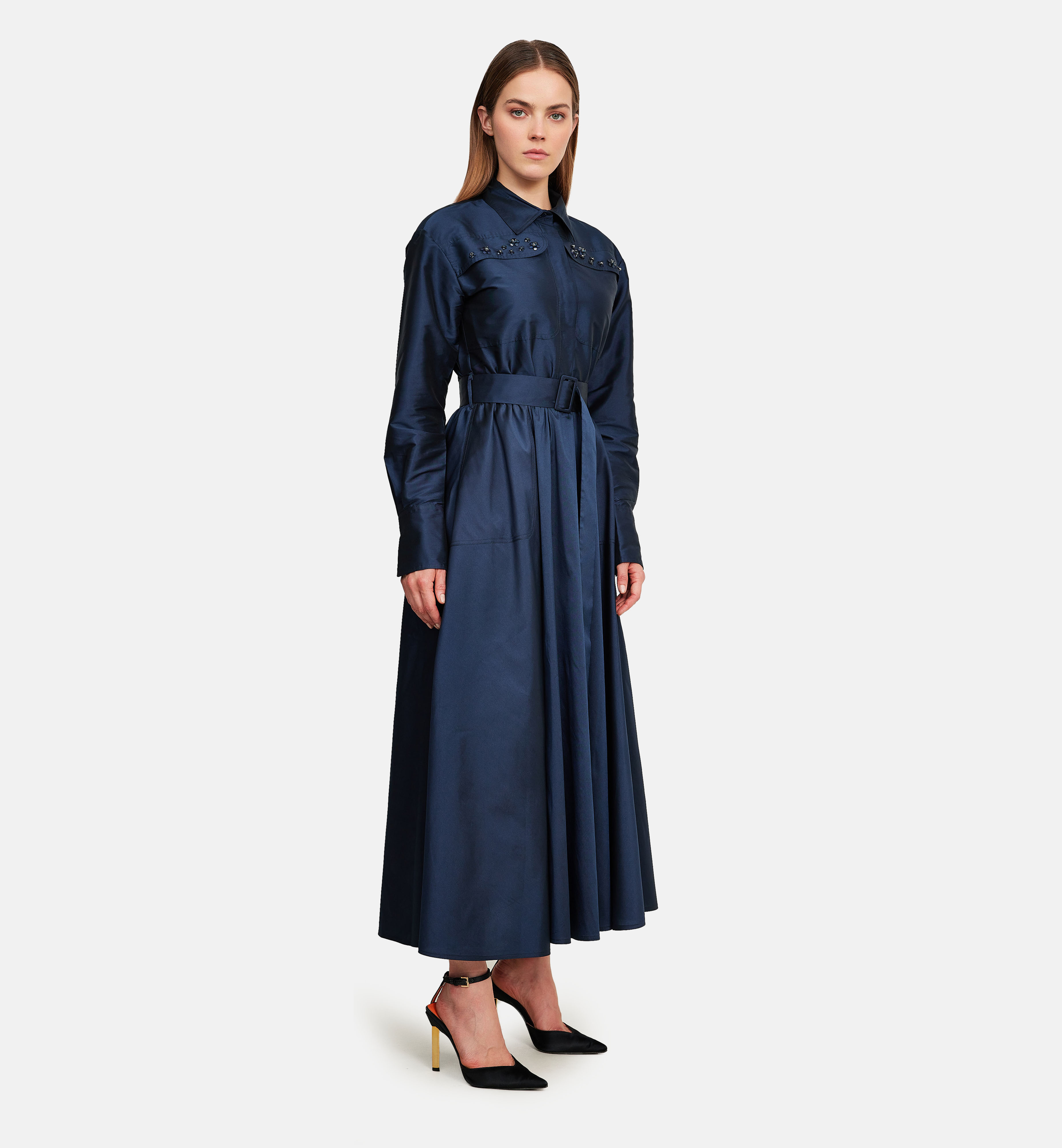 Pockets and flowers taffeta midi dress, blue