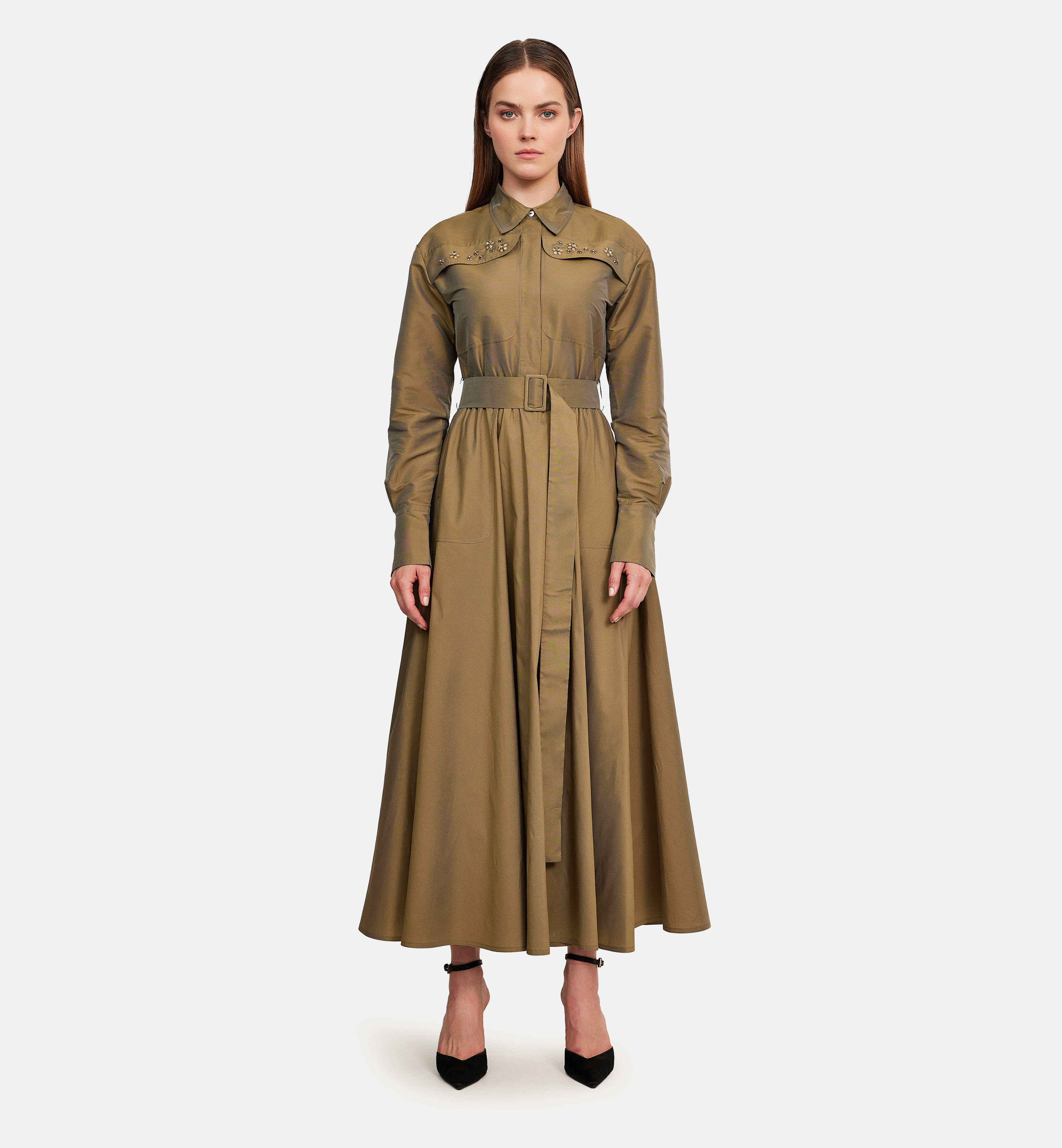 Pockets and flowers taffeta midi dress, olive