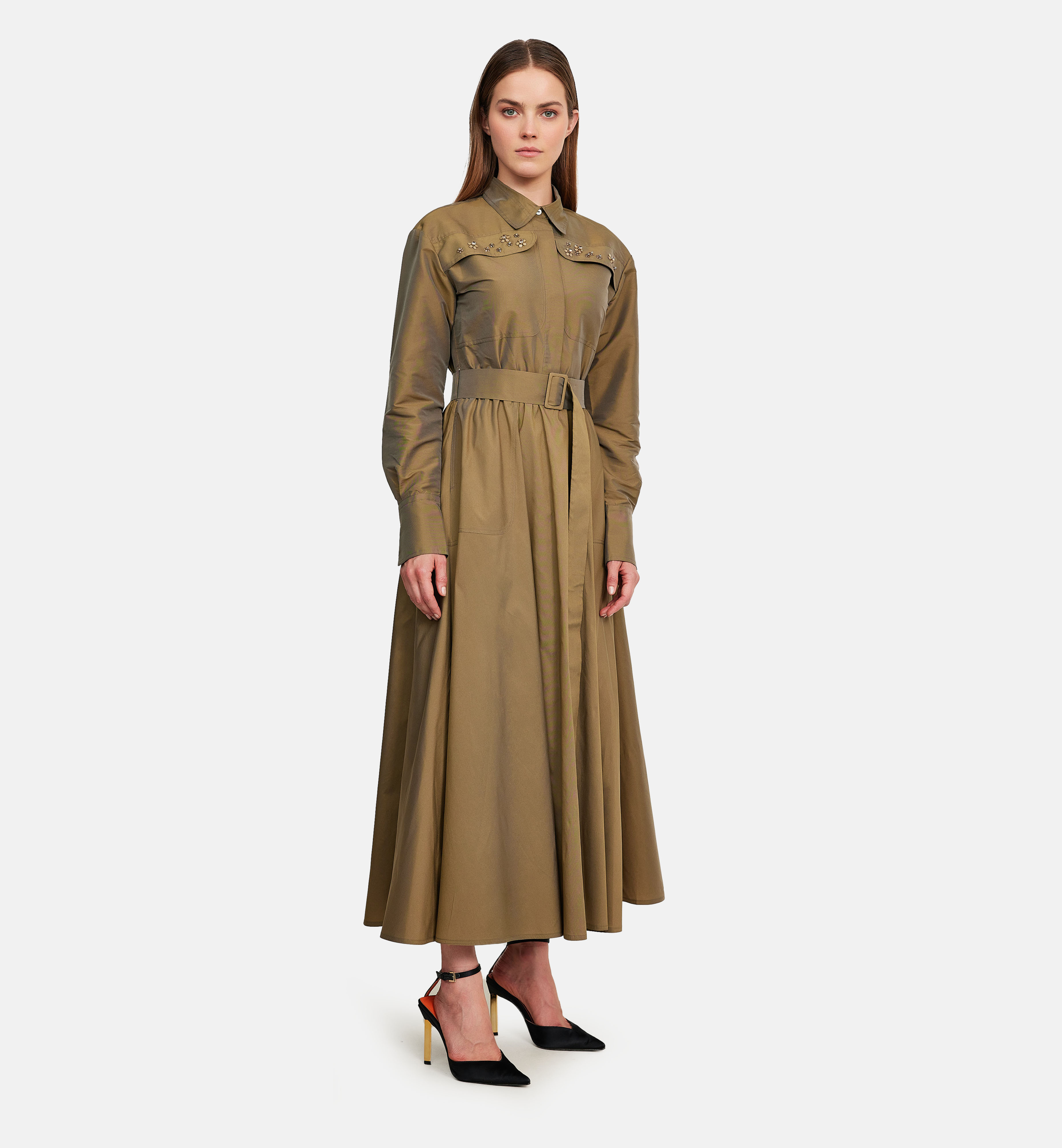 Pockets and flowers taffeta midi dress, olive