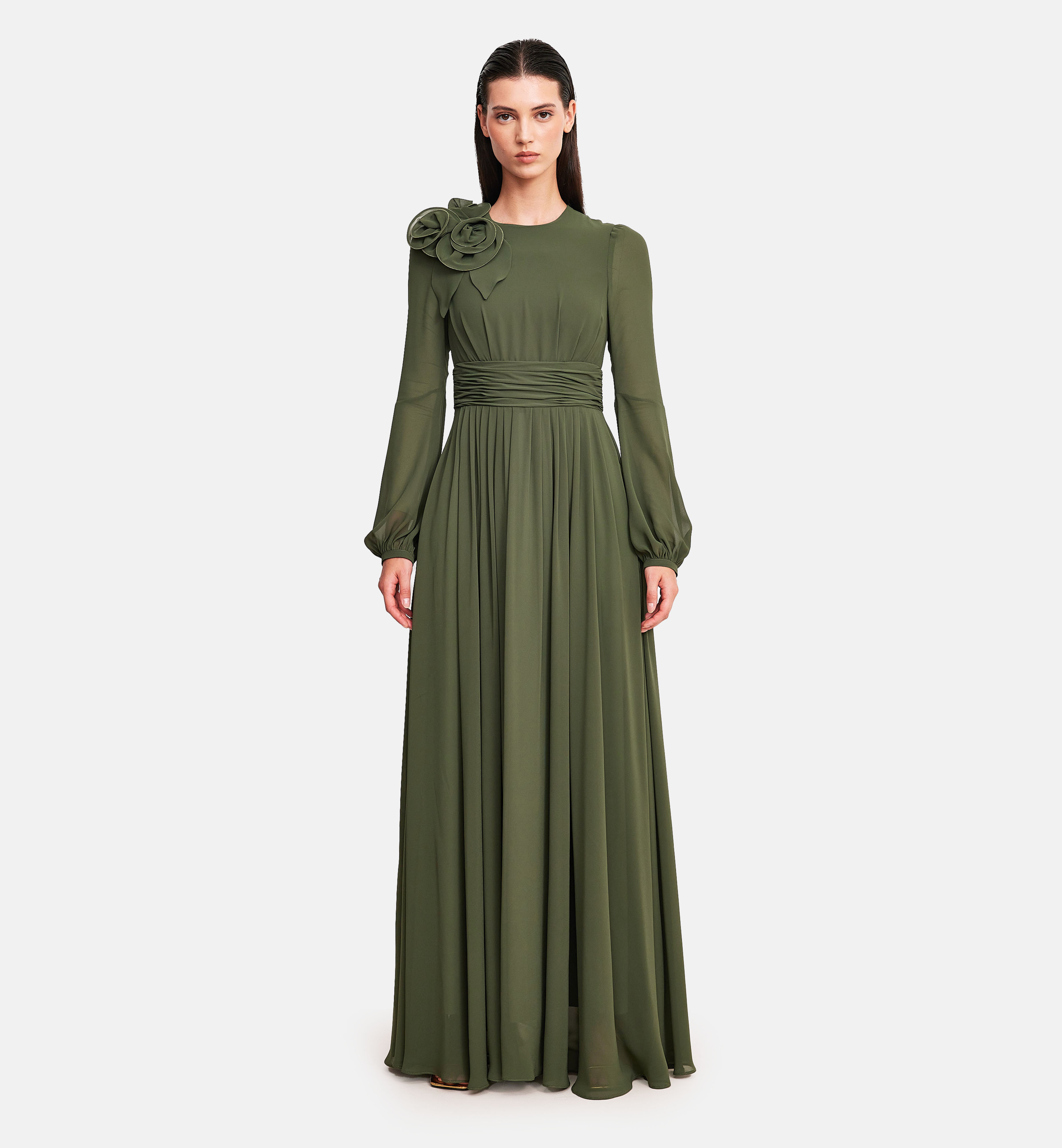 Chiffon with bold flower midi dress, olive