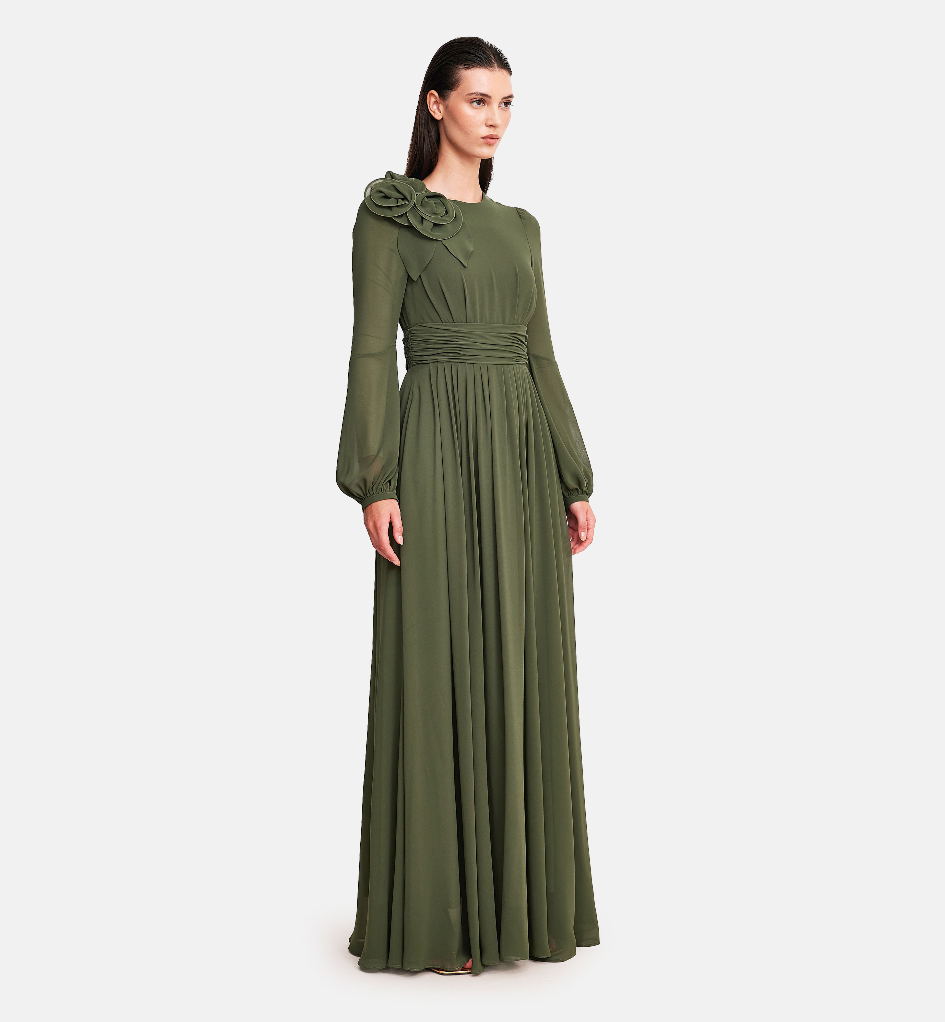 Chiffon with bold flower midi dress, olive