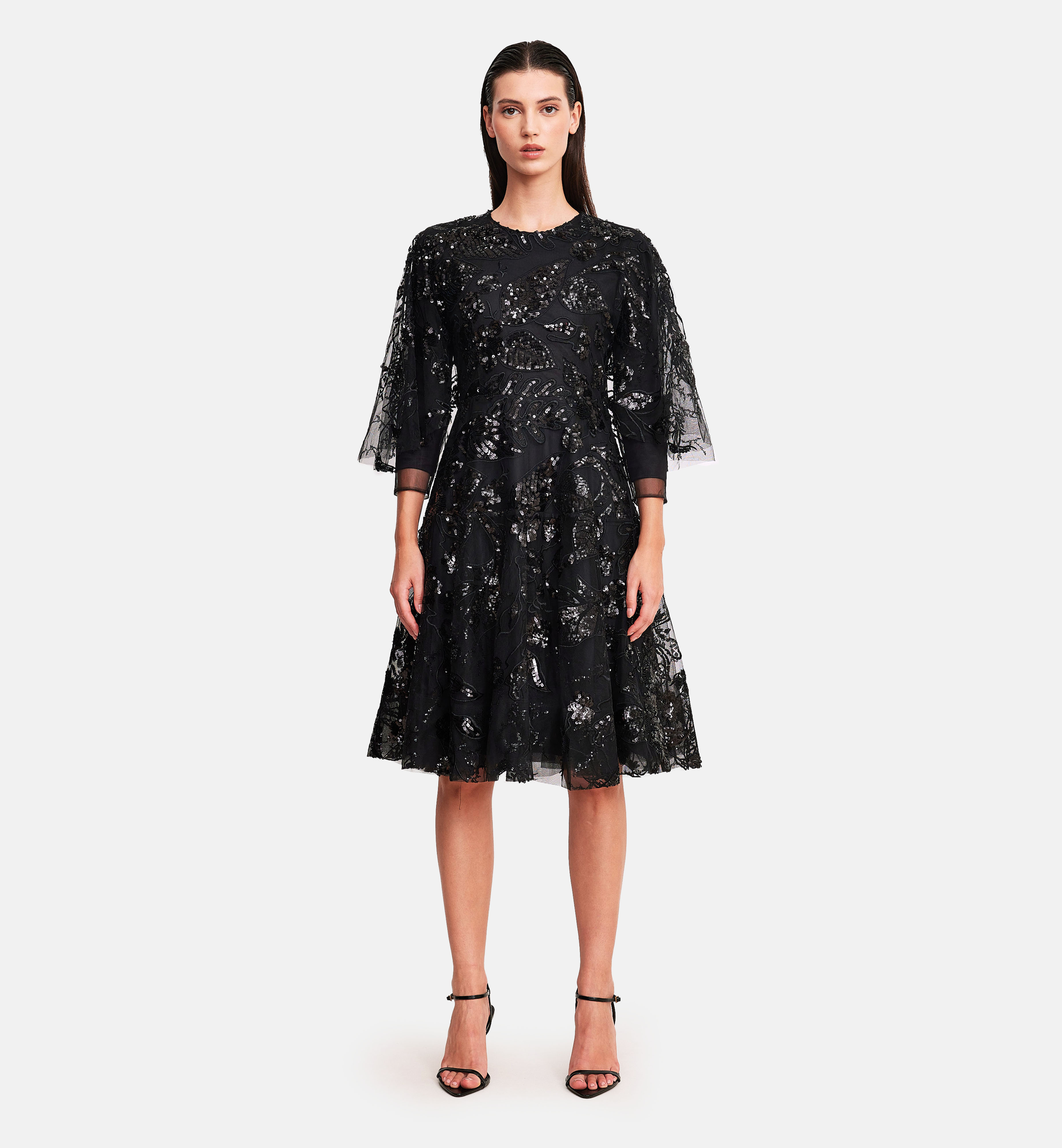 Sequins mesh cape dress, black