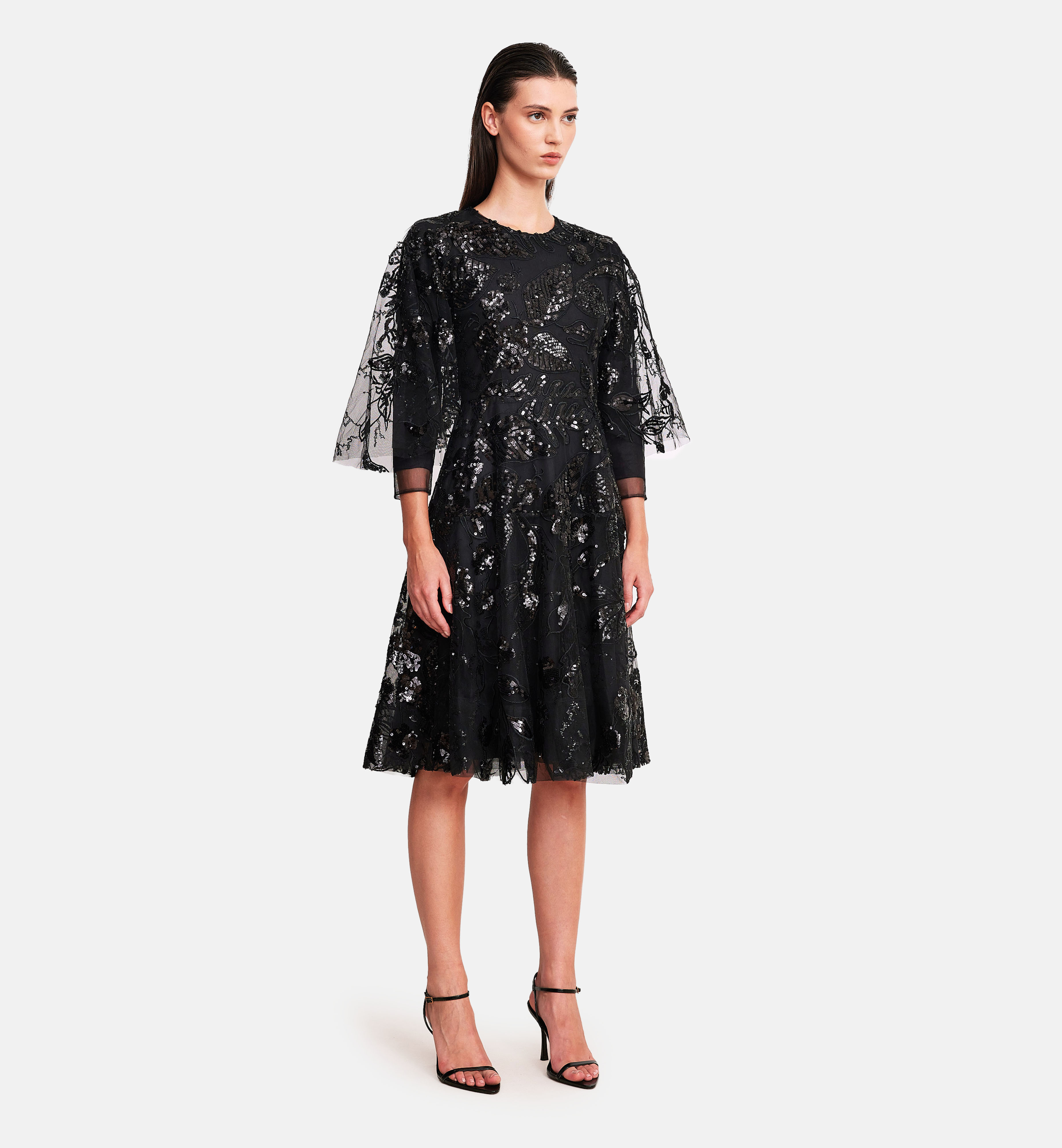 Sequins mesh cape dress, black