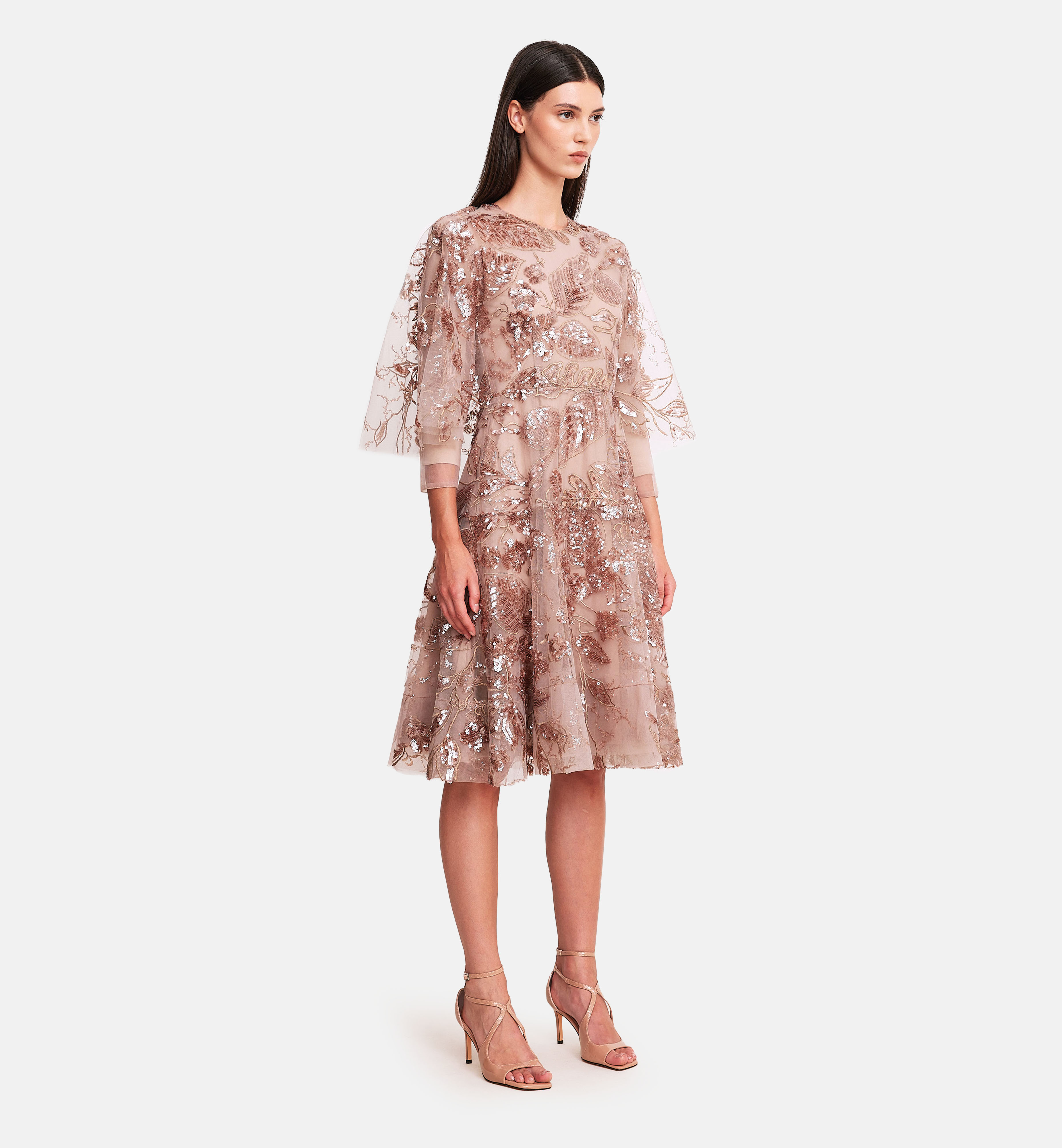 Sequins mesh cape dress, bronze