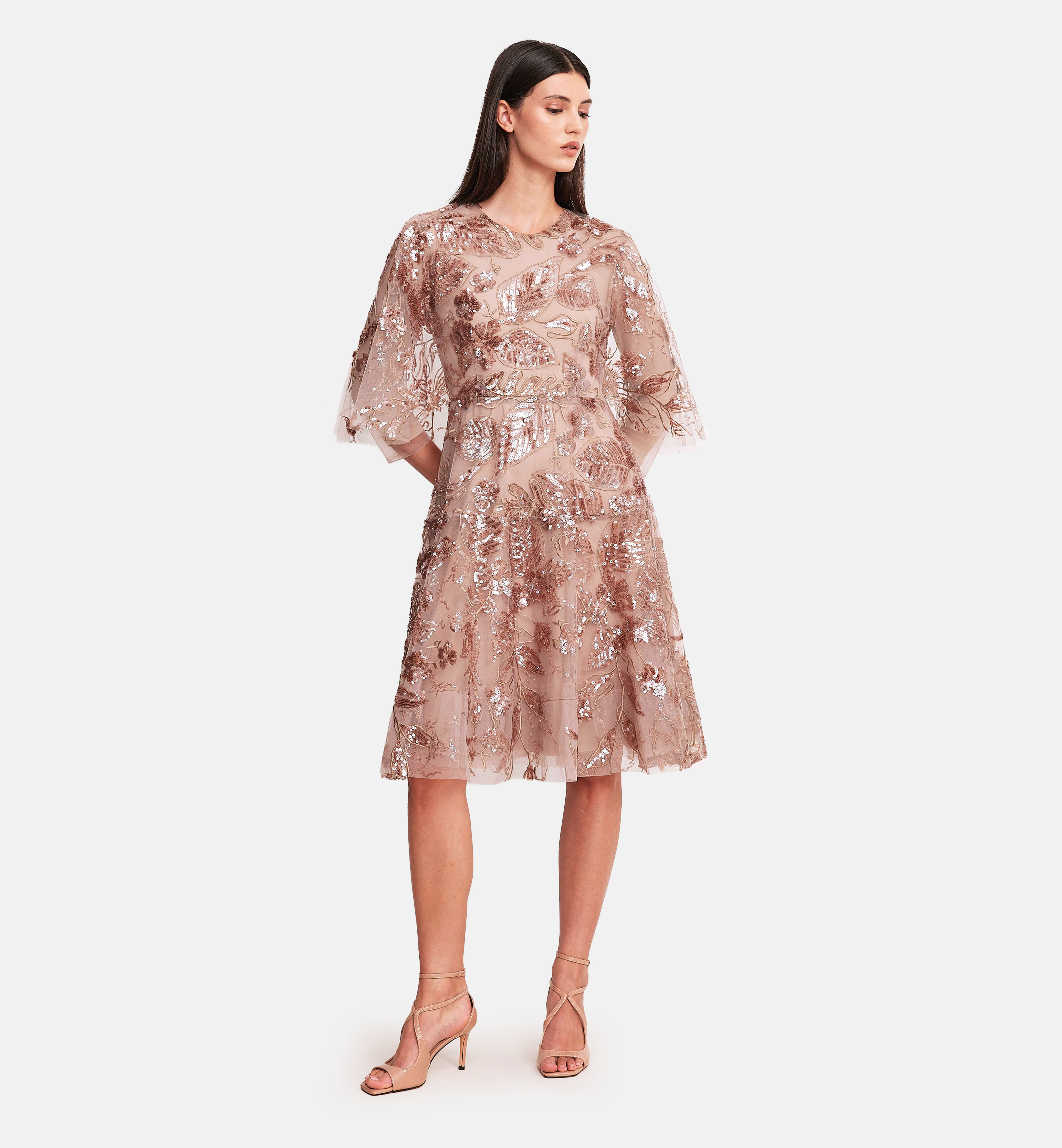 Sequins mesh cape dress, bronze