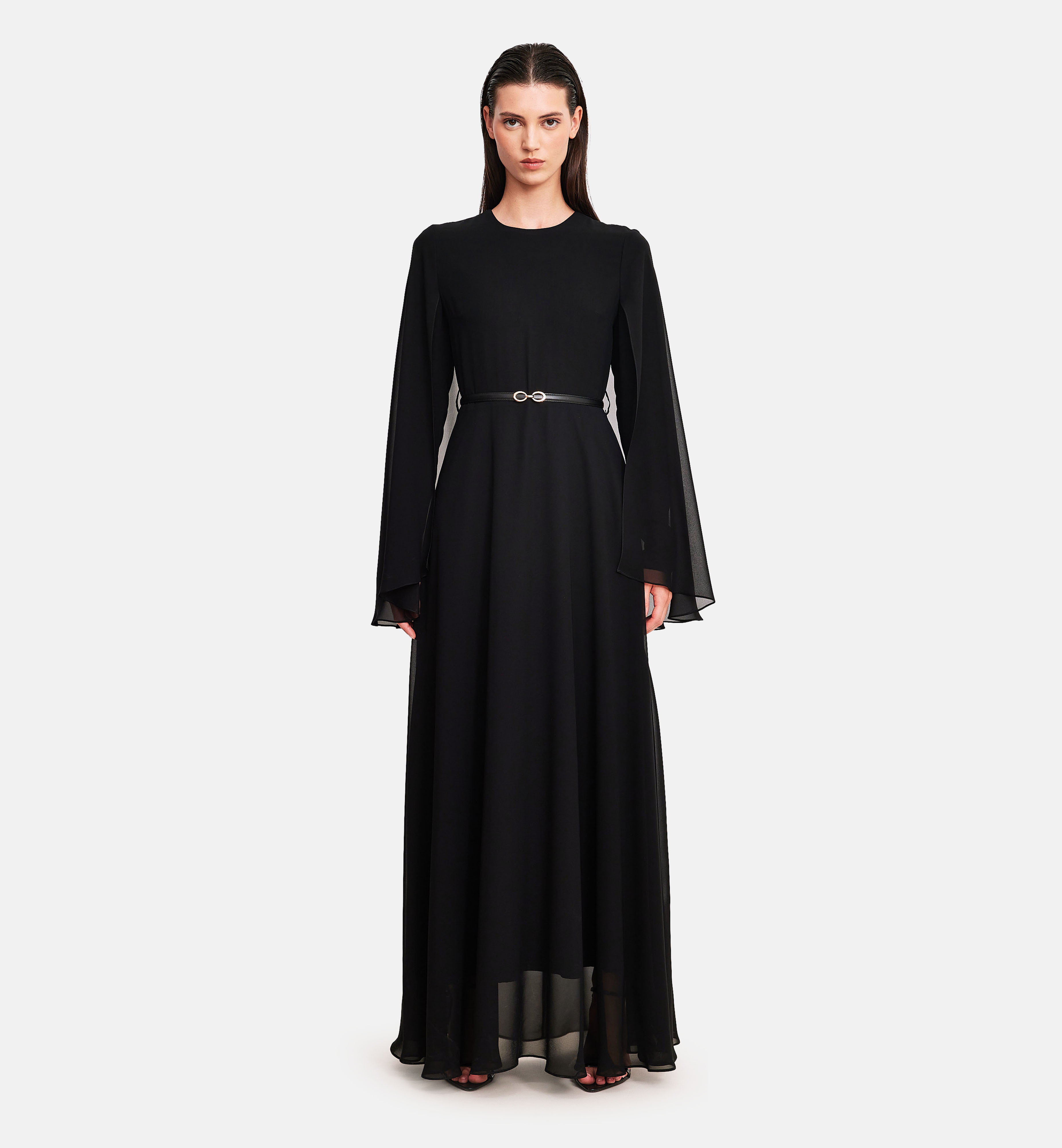 Chiffon cape midi dress, black