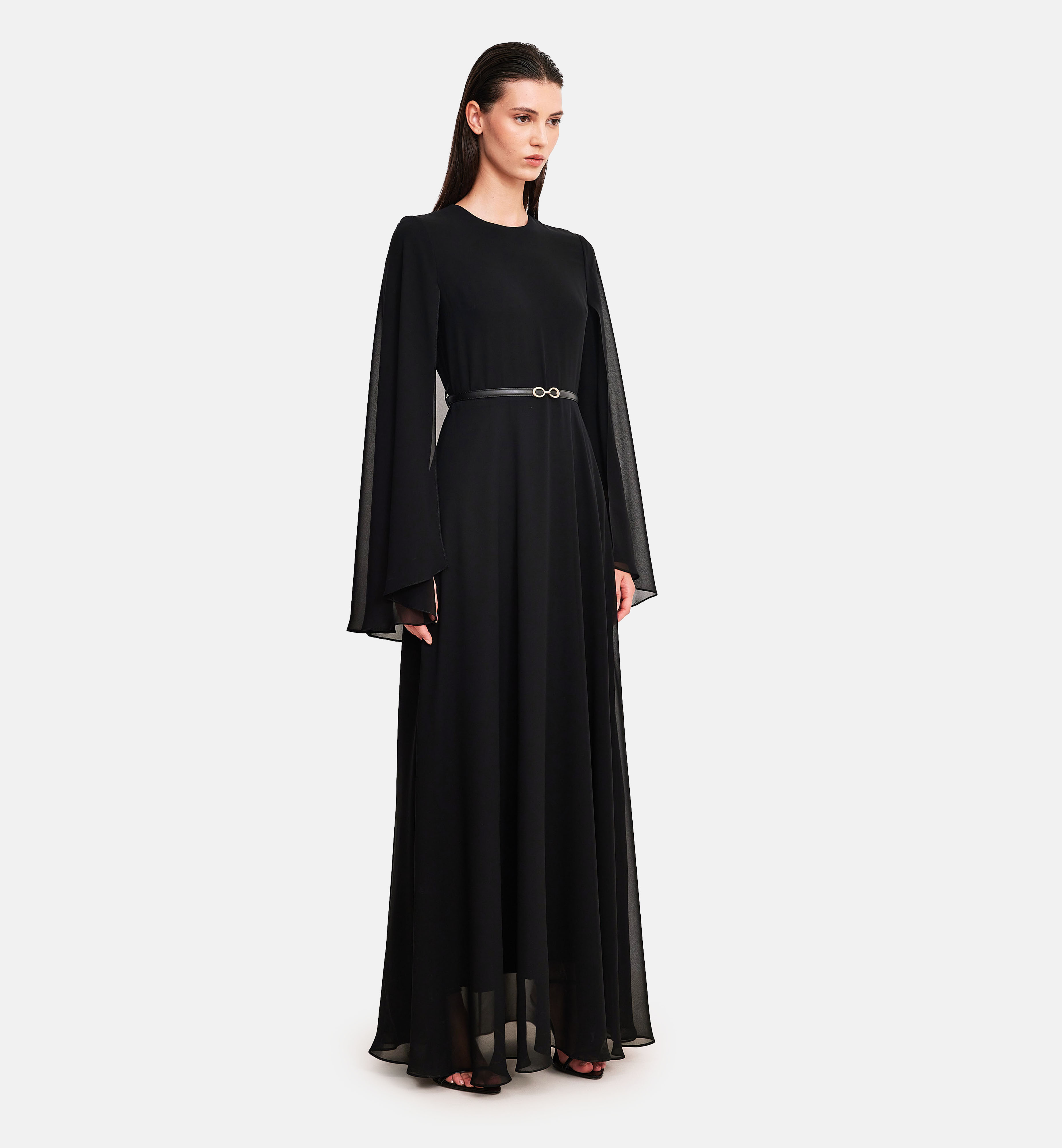 Chiffon cape midi dress, black