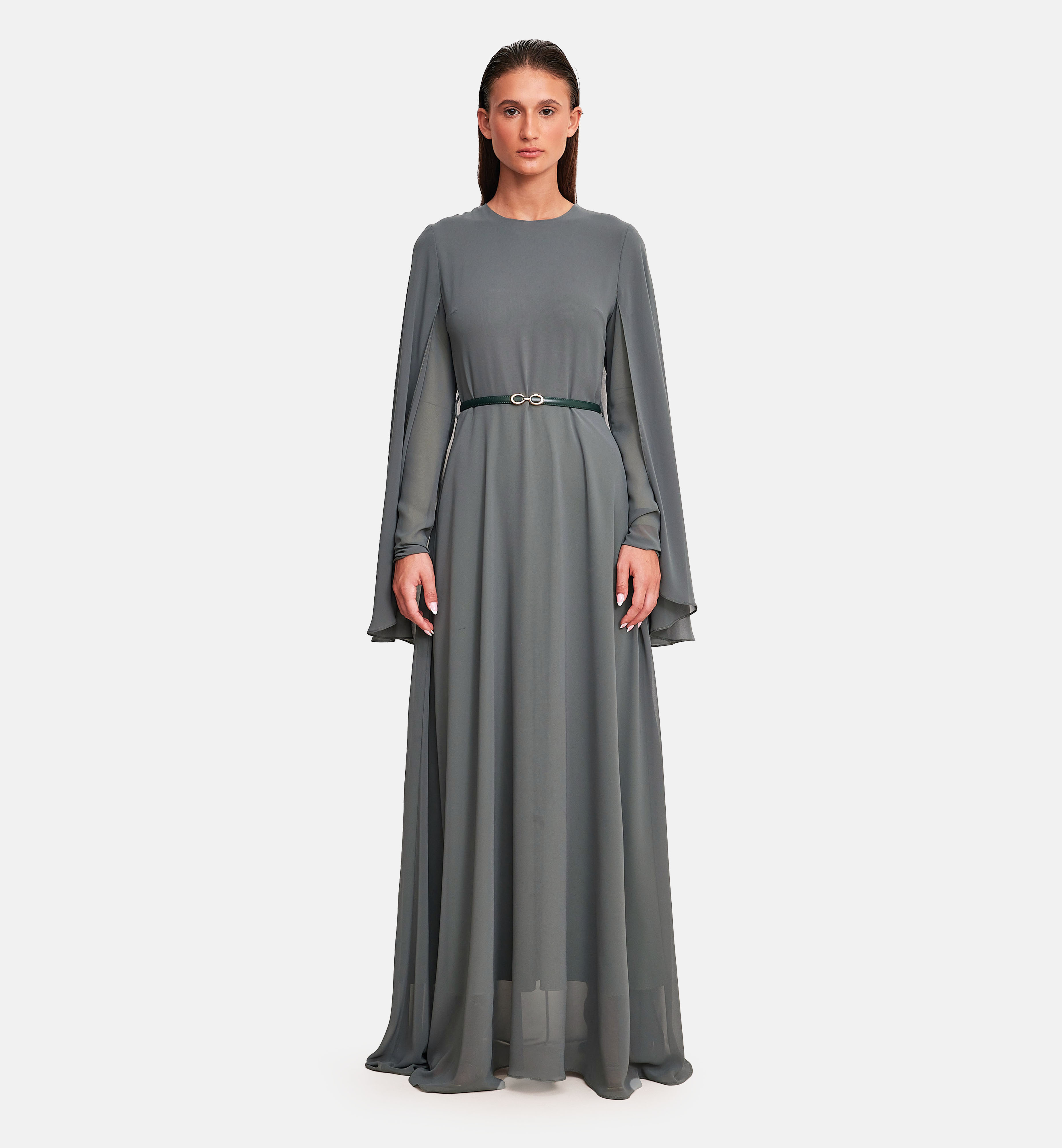 Chiffon cape midi dress, olive