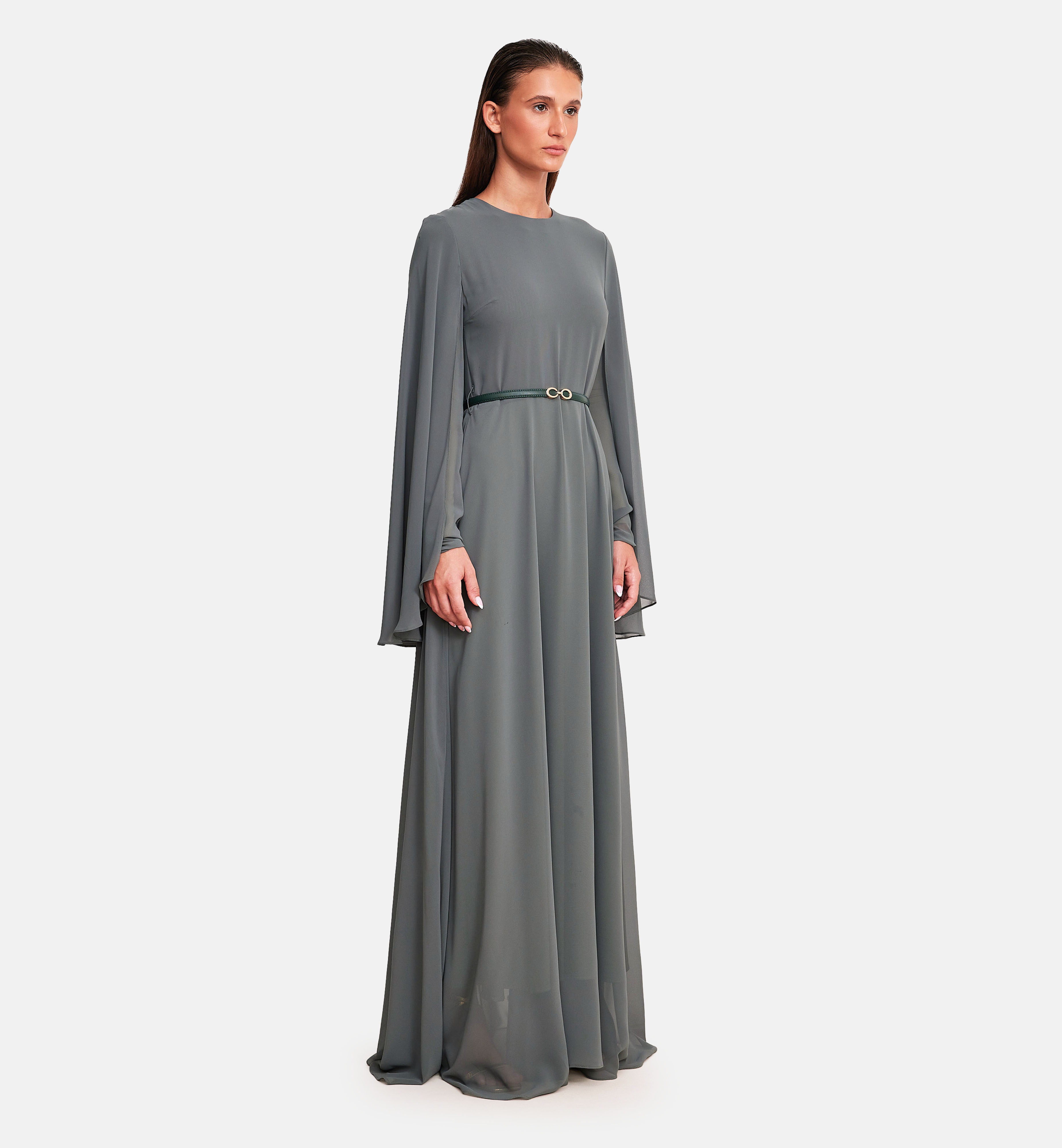 Chiffon cape midi dress, olive