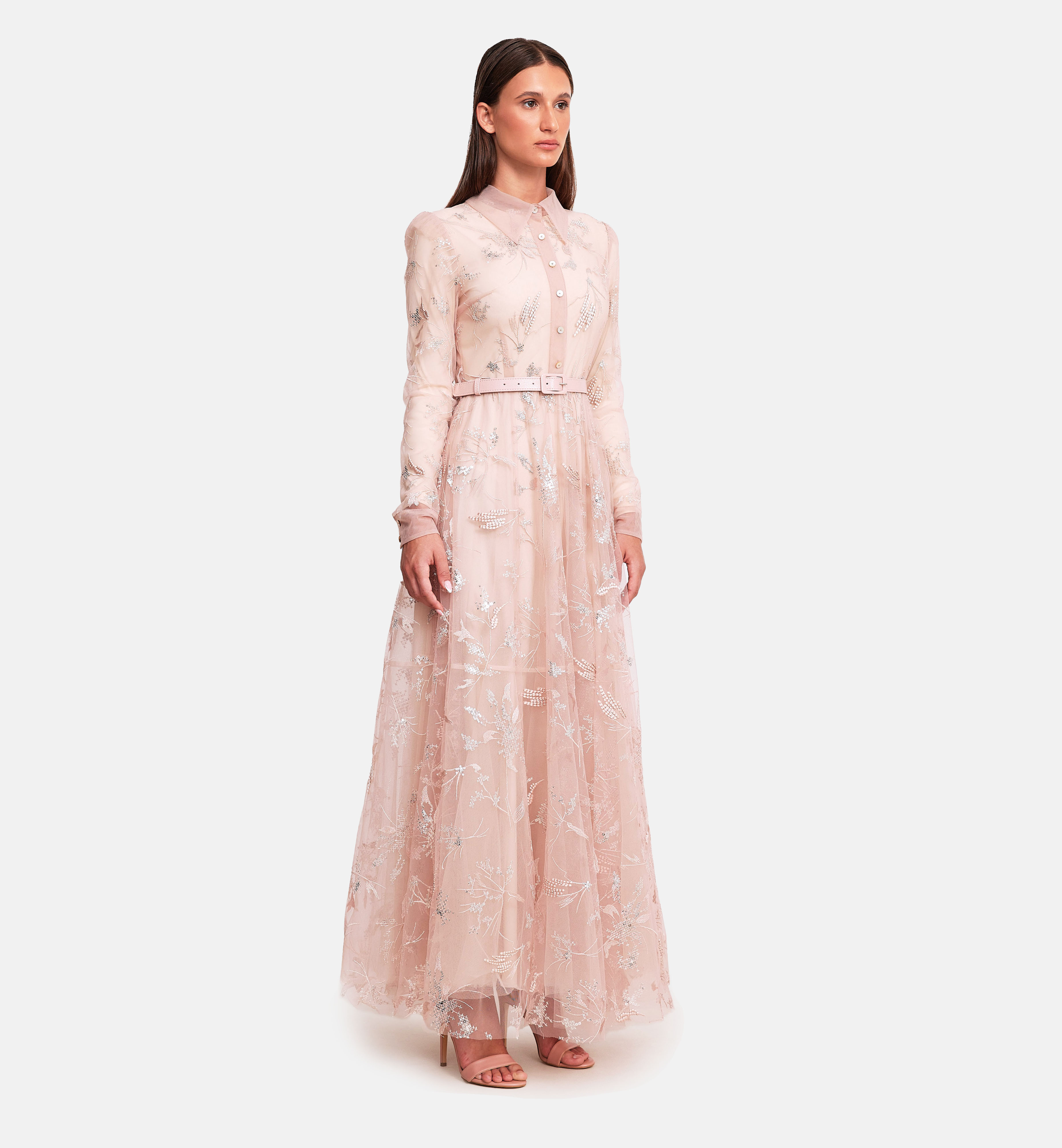 Bold embridery and sequins on mesh midi dress, pink