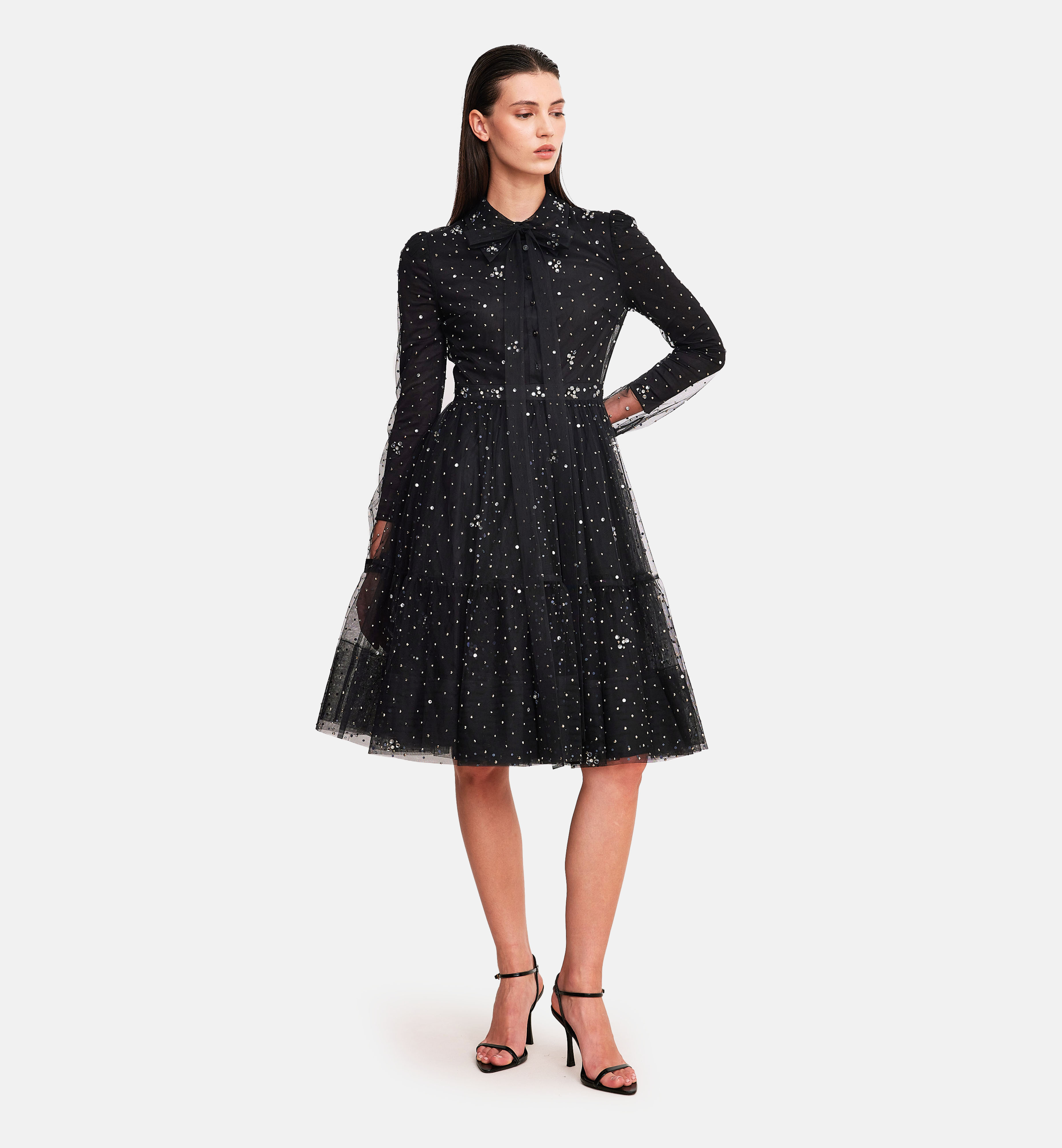 Diamonds on mesh collared dress, black