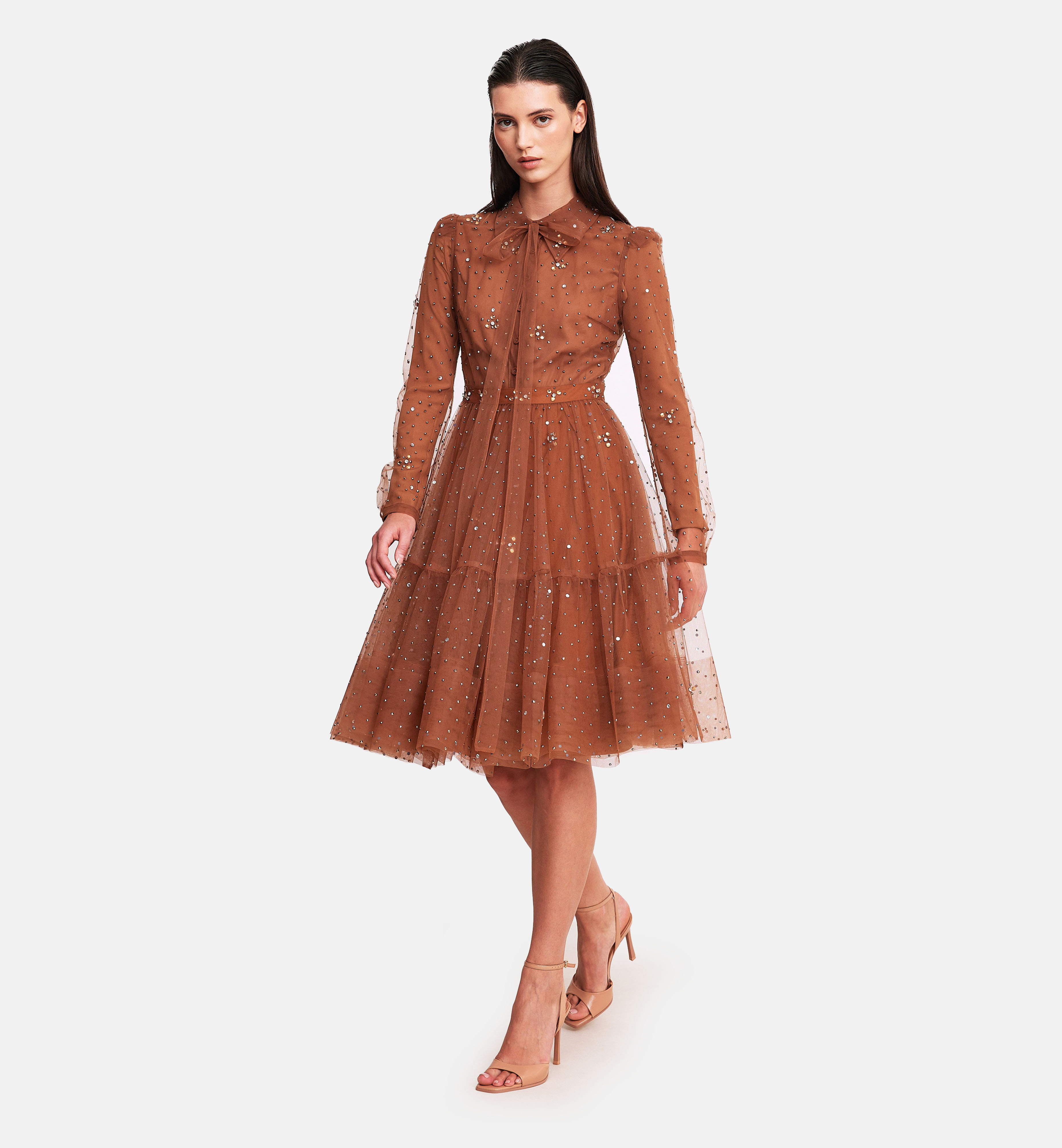 Diamonds on mesh collared dress, brown