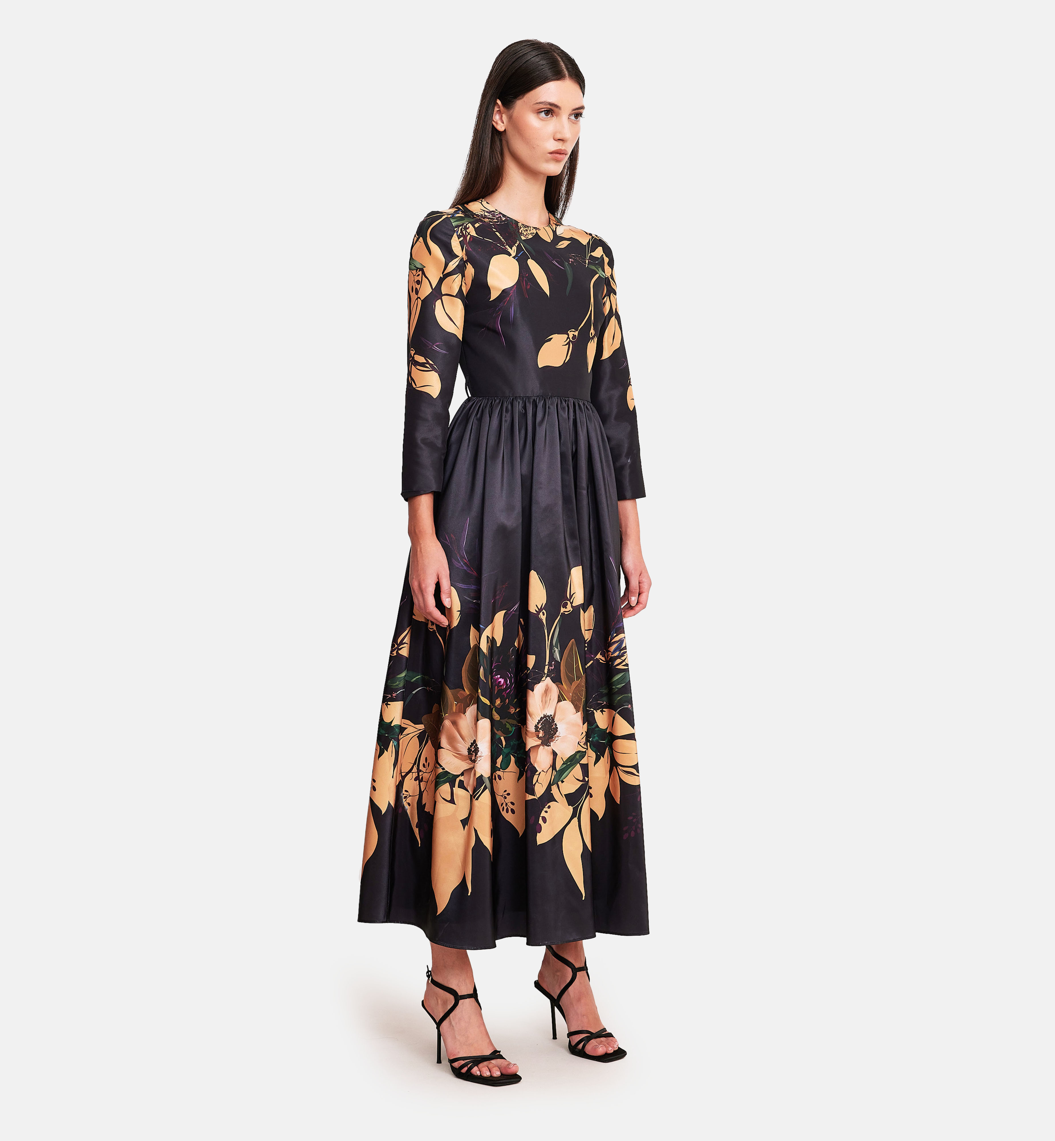 Floral printed taffeta midi dress, black