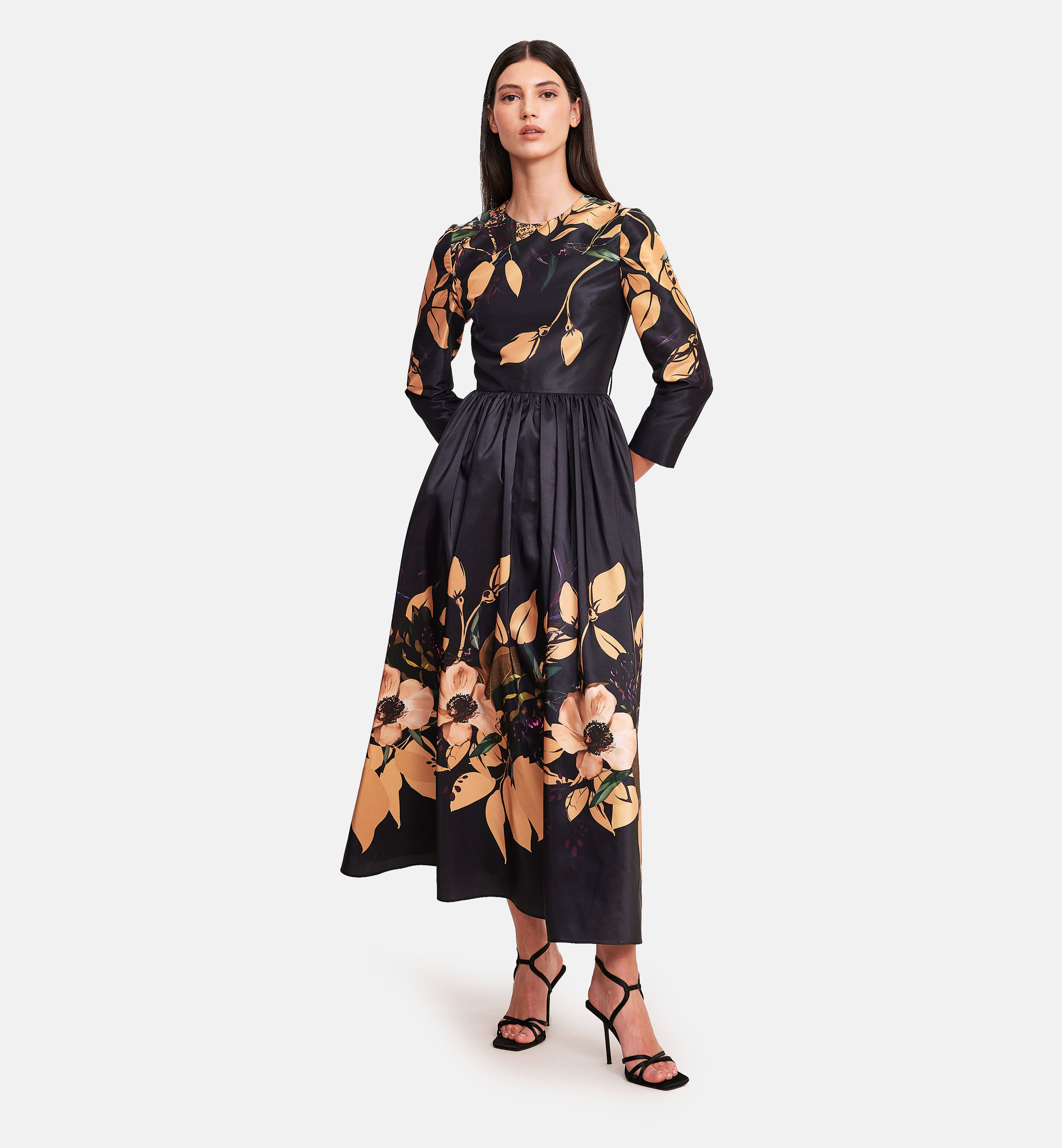 Floral printed taffeta midi dress, black