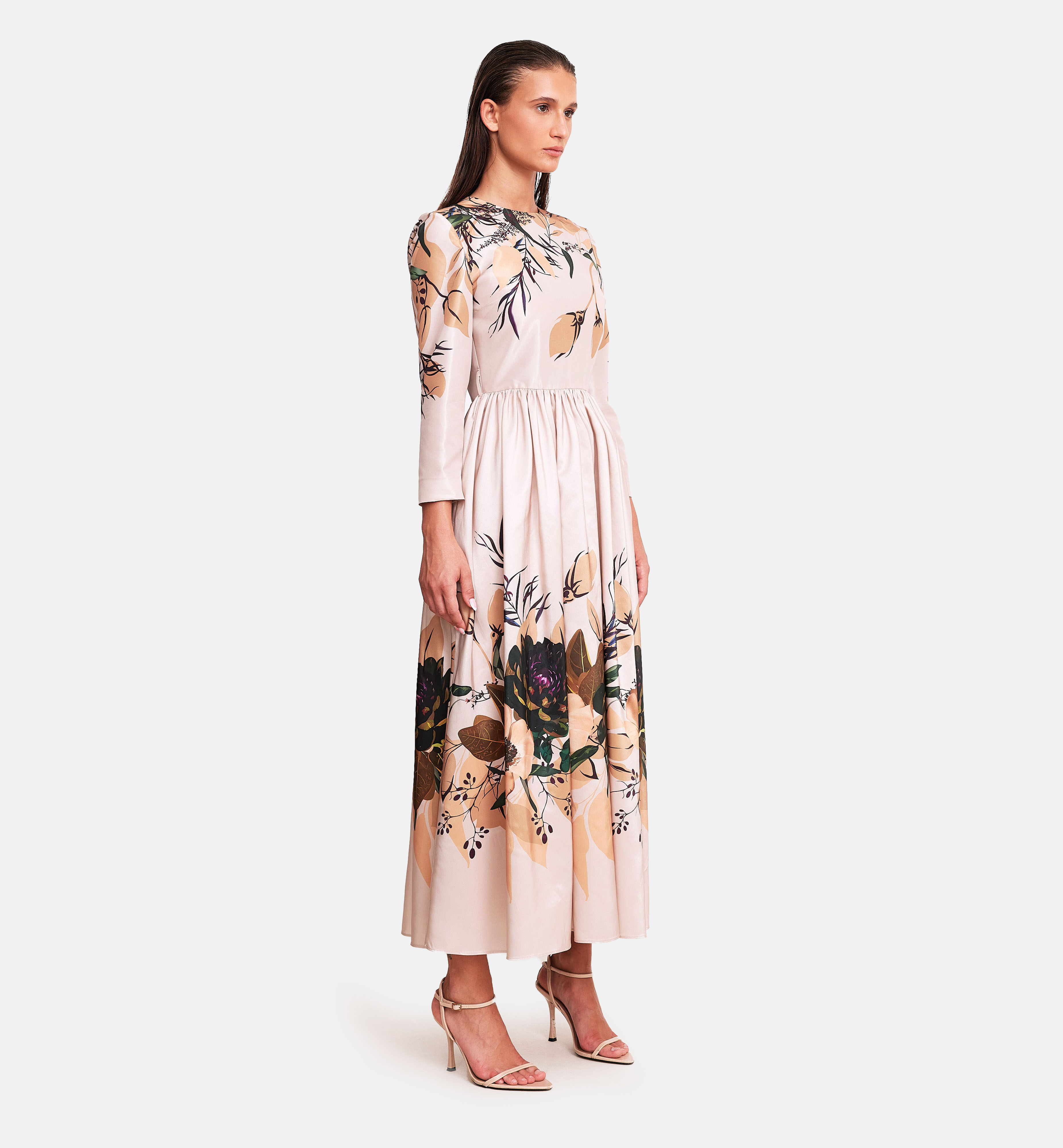 Floral printed taffeta midi dress, biege