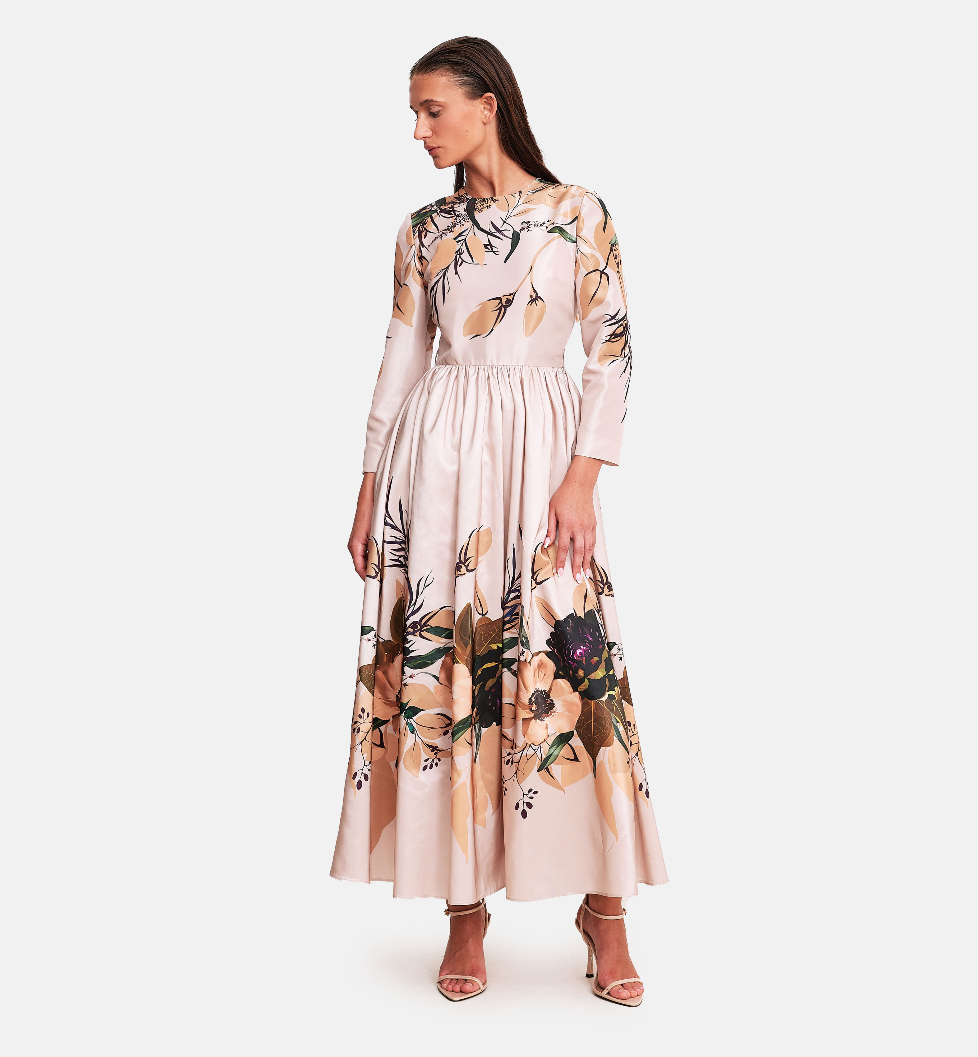 Floral printed taffeta midi dress, biege