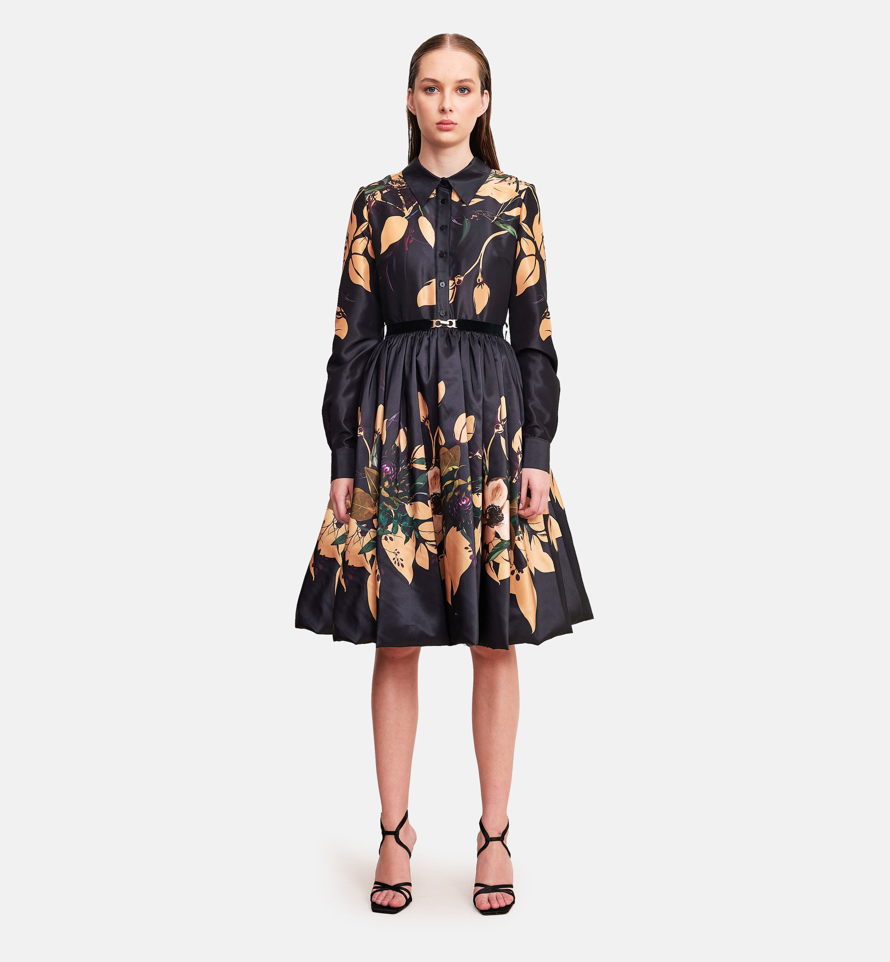 Floral printed taffeta collared dress, black