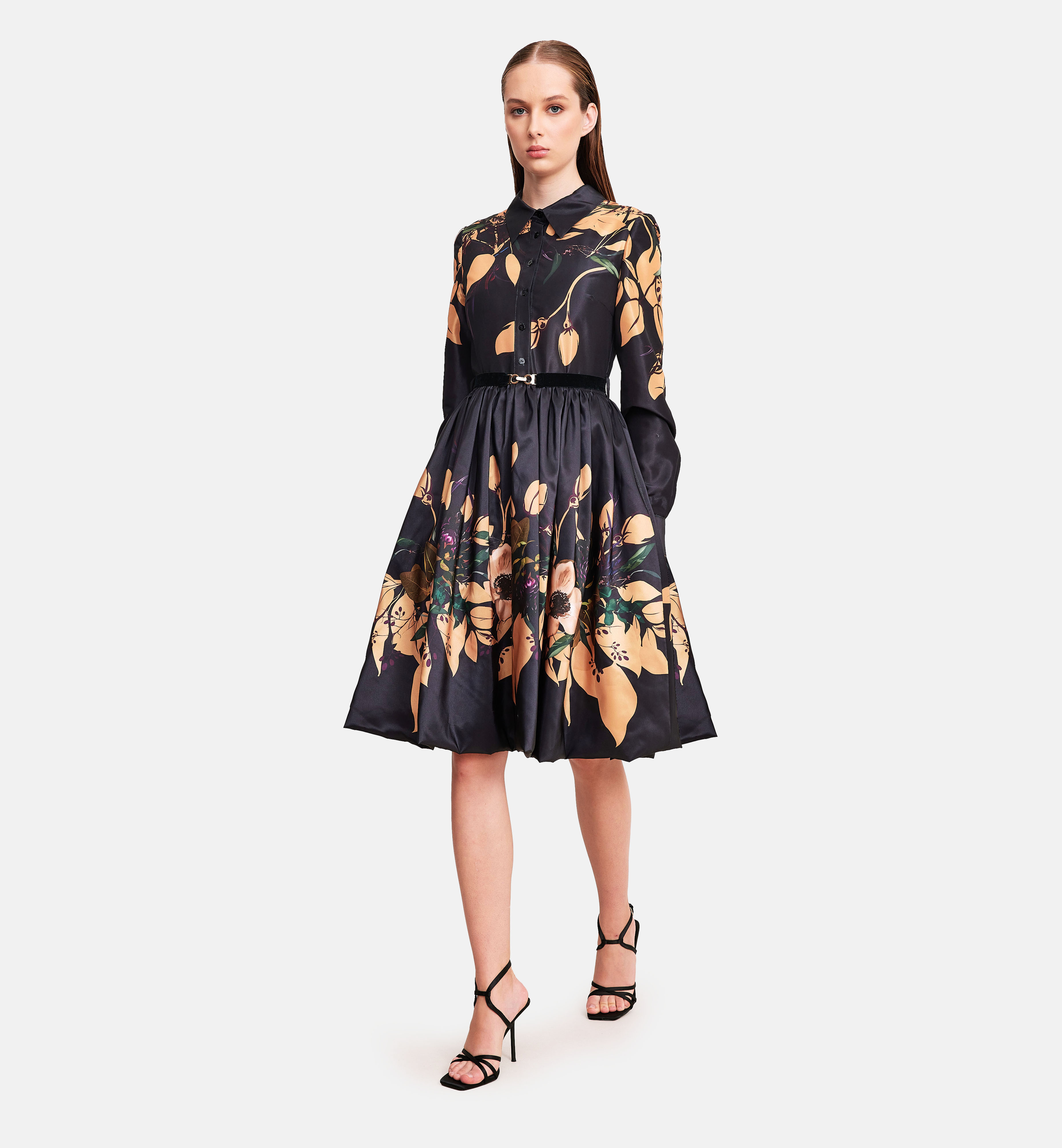 Floral printed taffeta collared dress, black