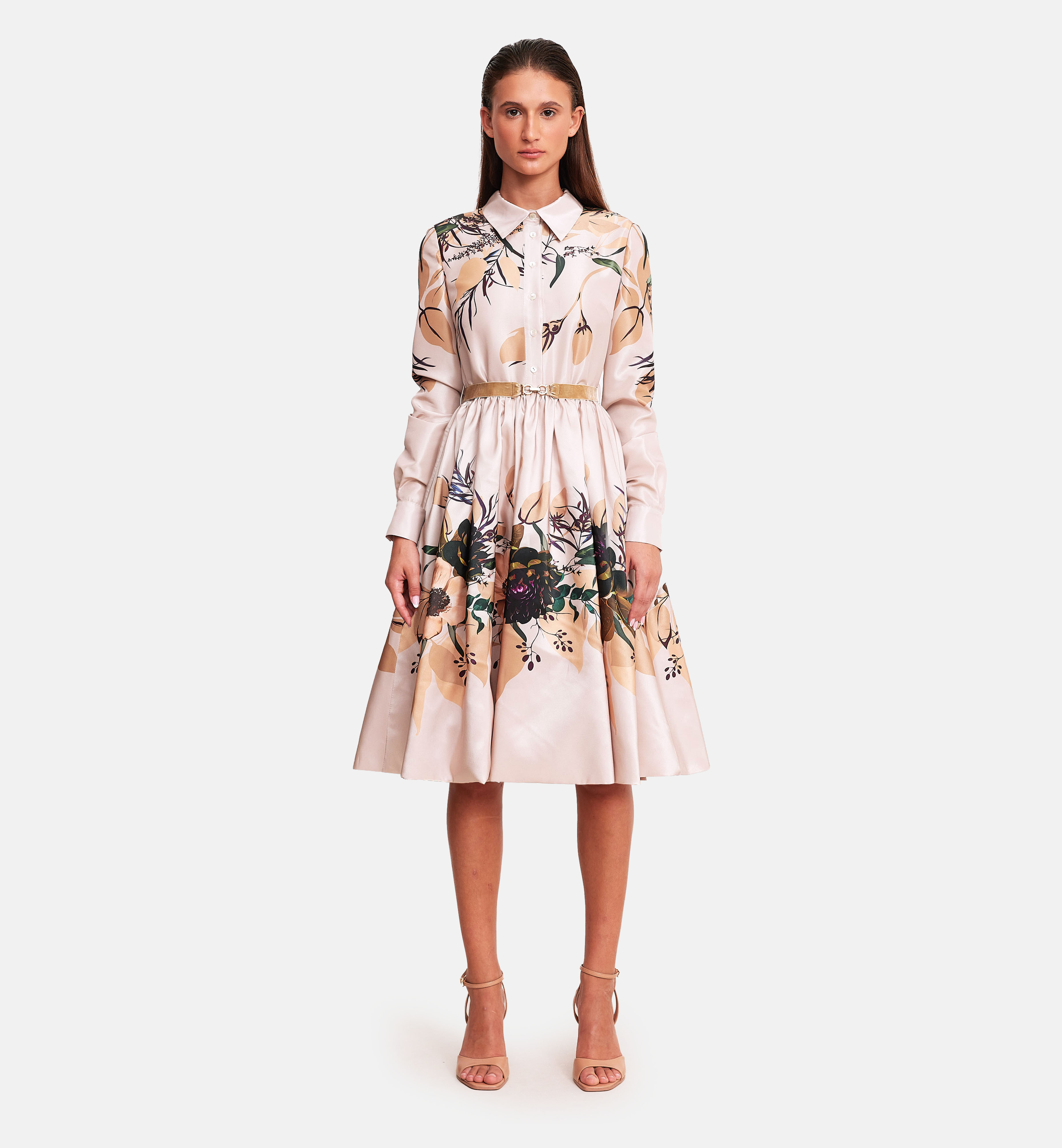 Floral printed taffeta collared dress, biege