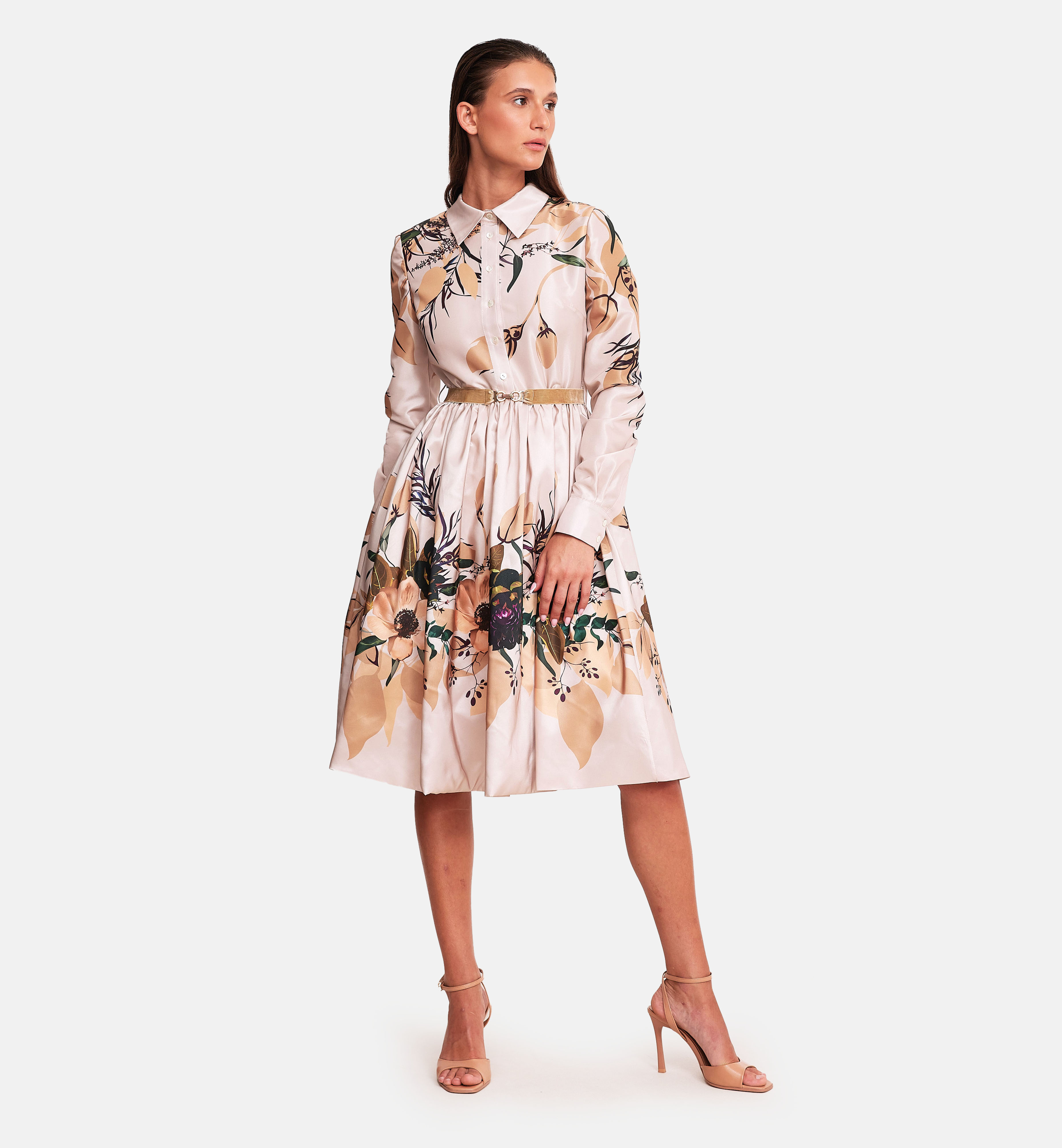 Floral printed taffeta collared dress, biege