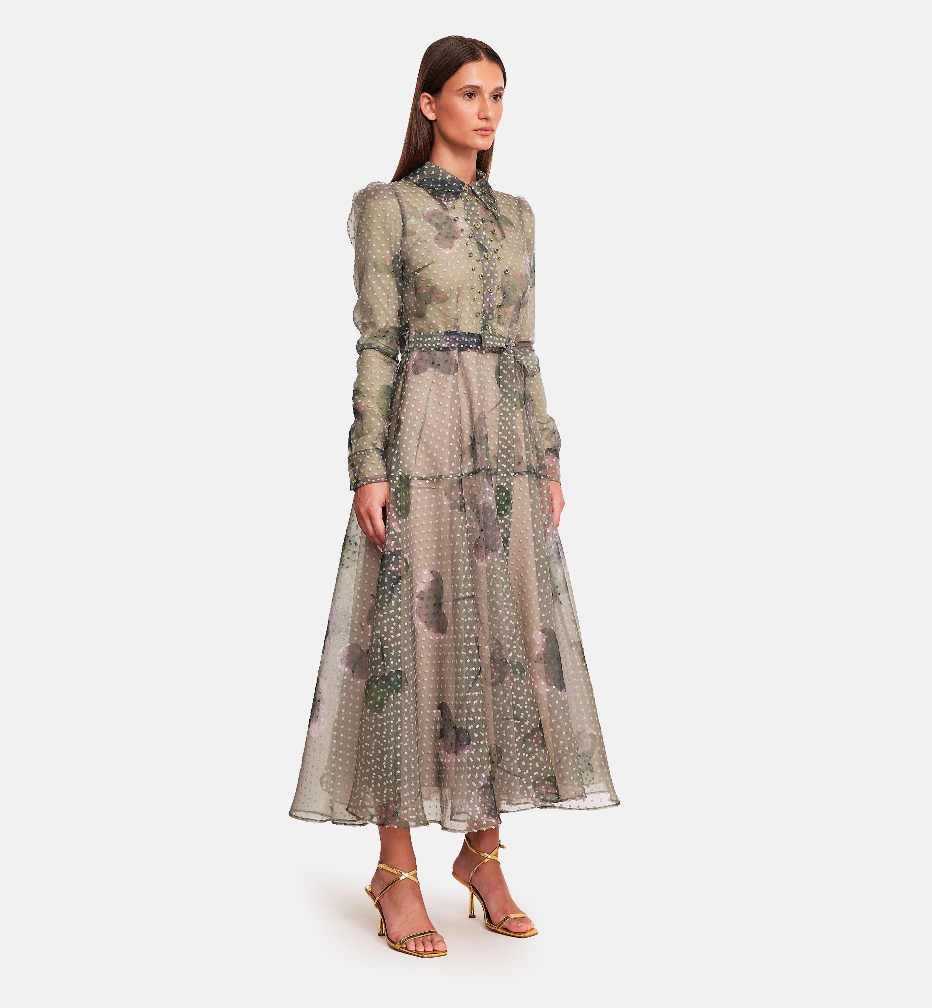 Leaves print organza collared midi dress, olive