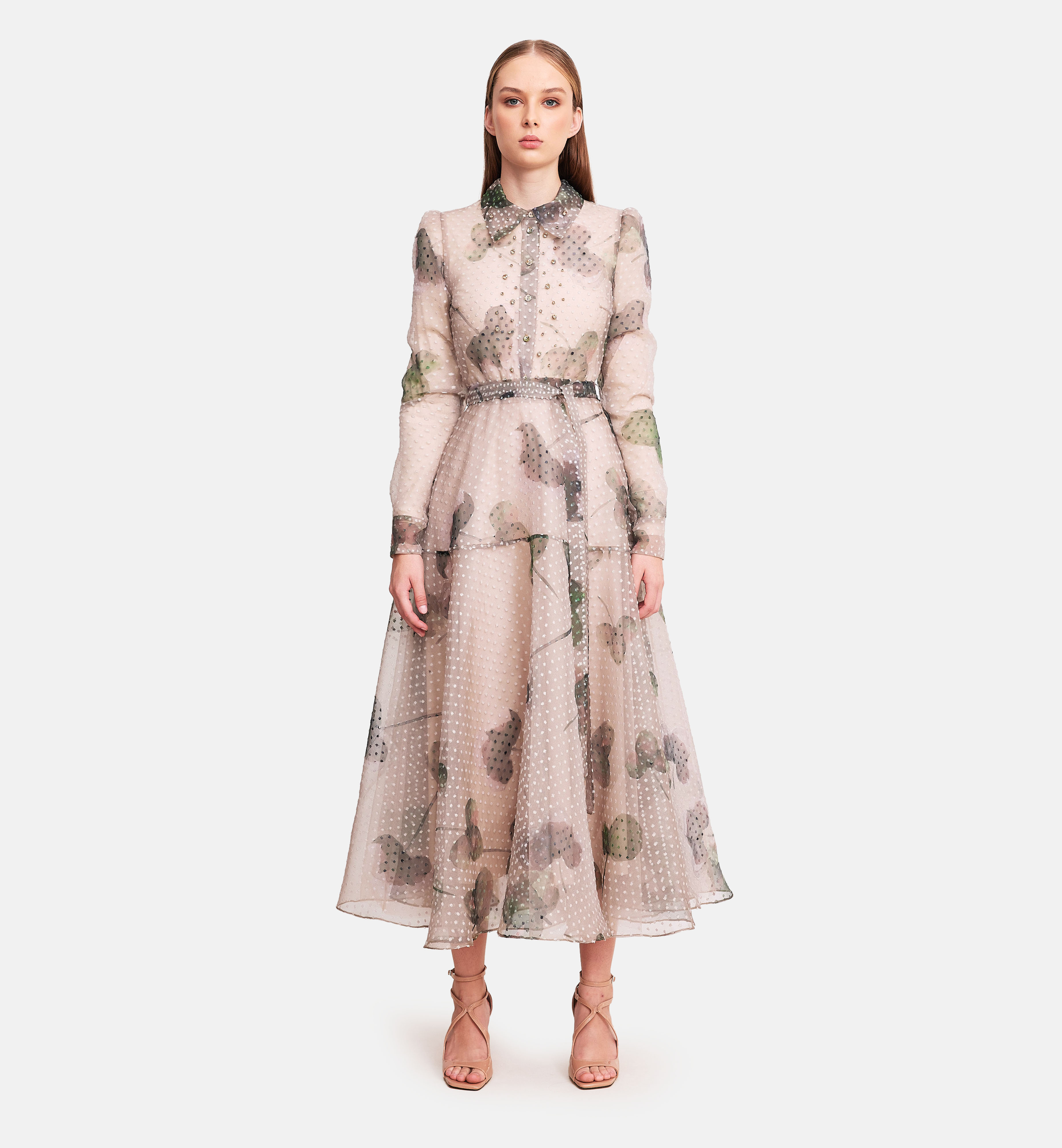 Leaves print organza collared midi dress, biege