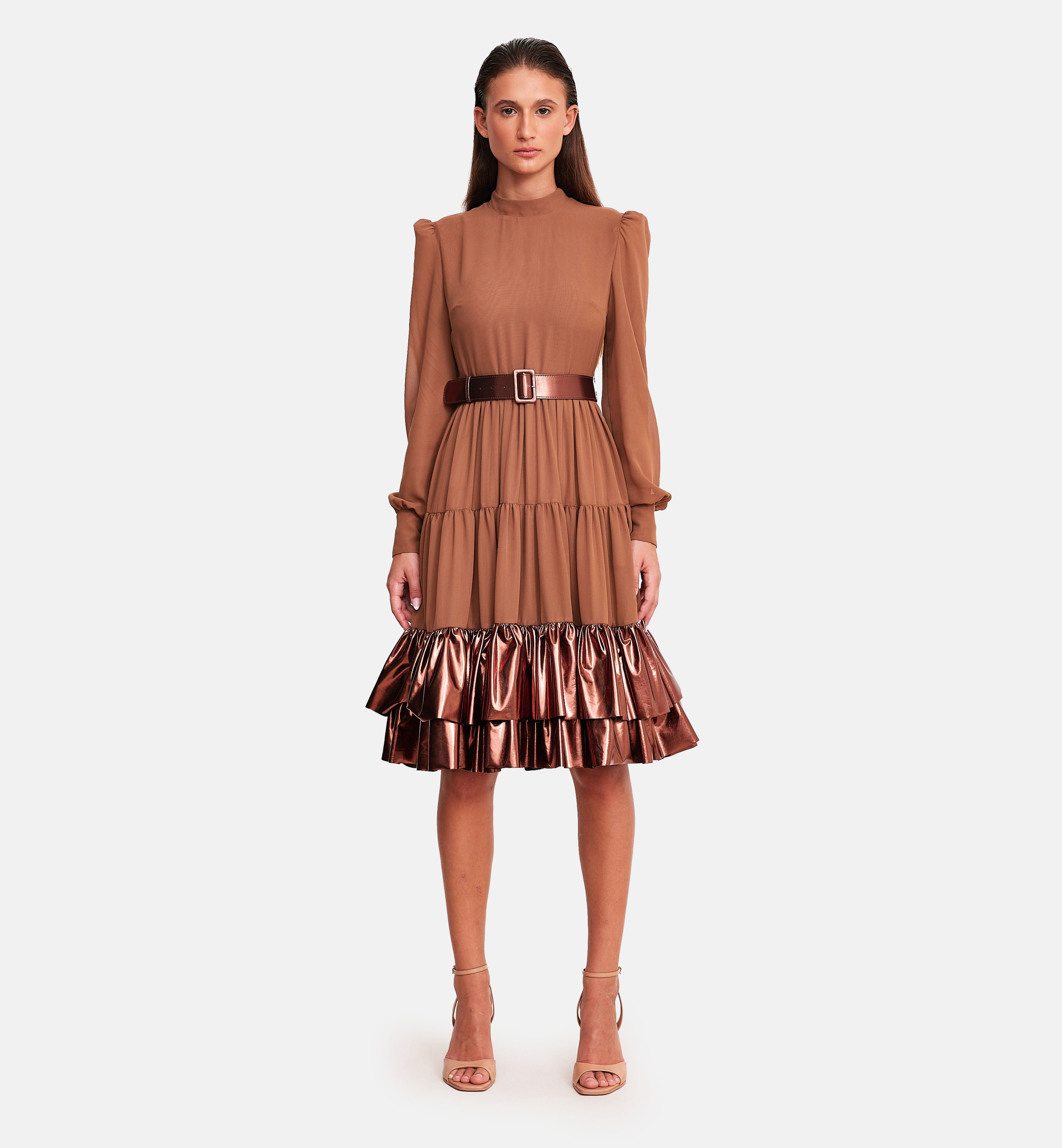 Chiffon and vinyl dress, brown