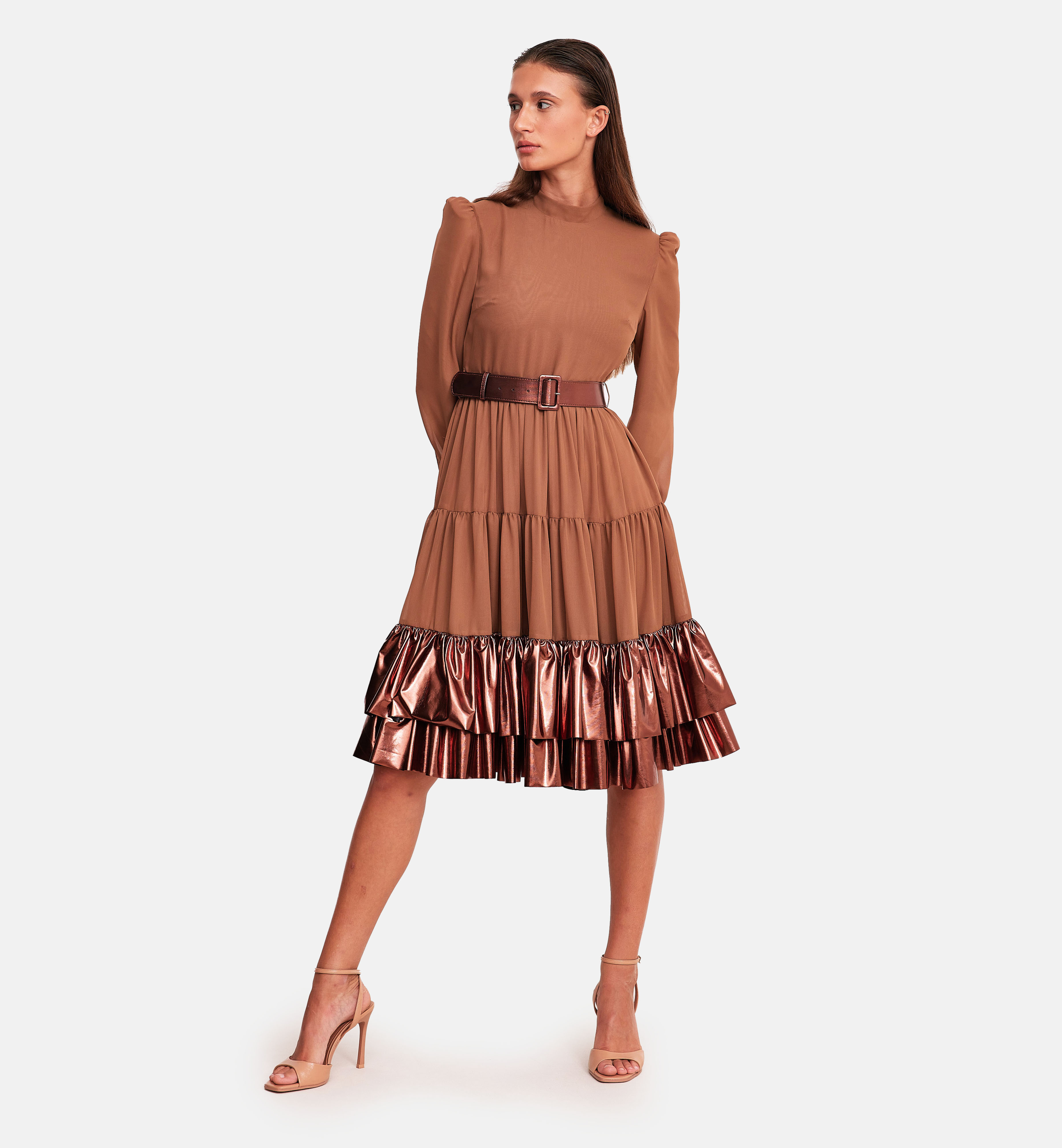 Chiffon and vinyl dress, brown