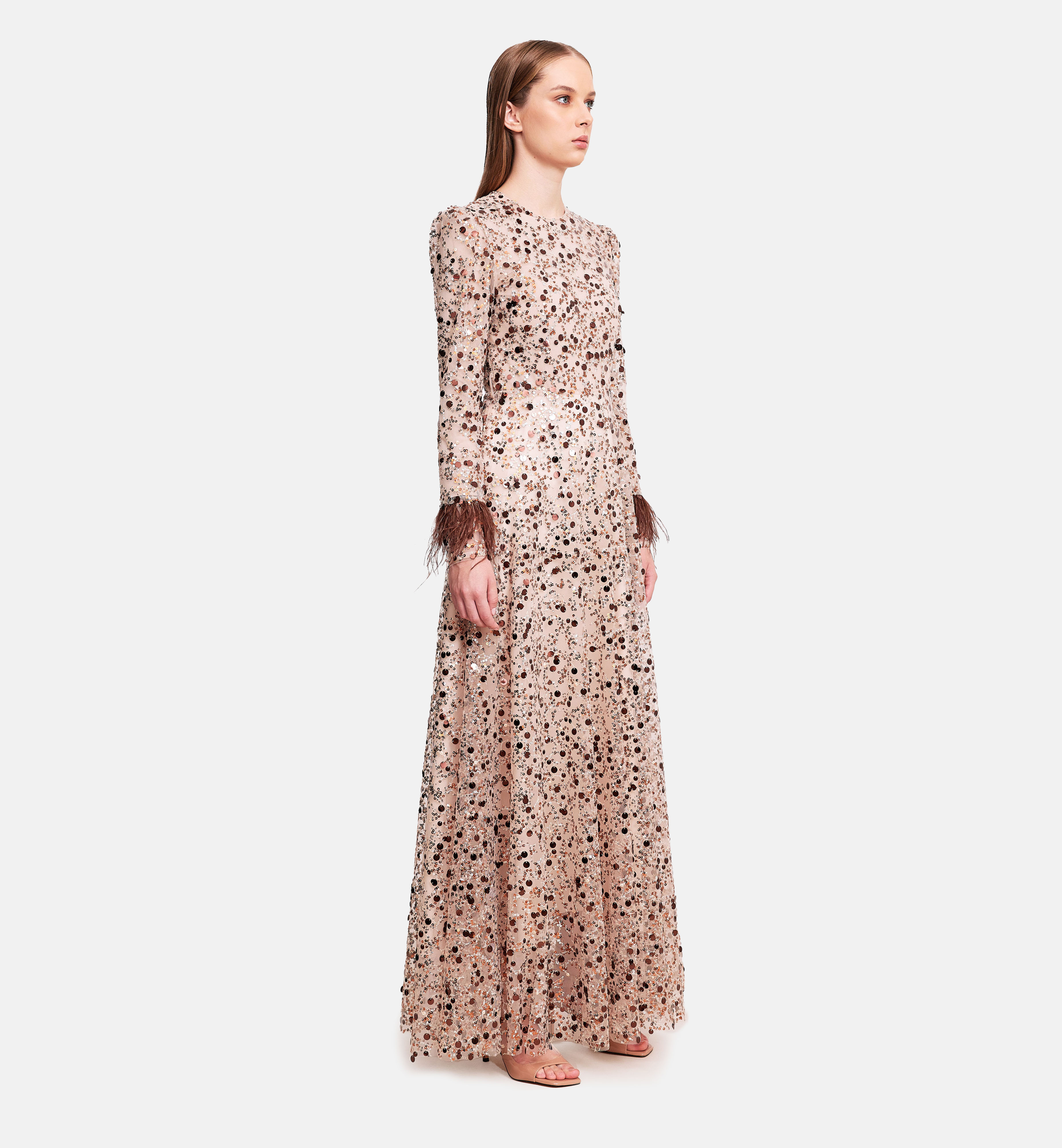 Sequins mix with feathers mesh midi dress, biege