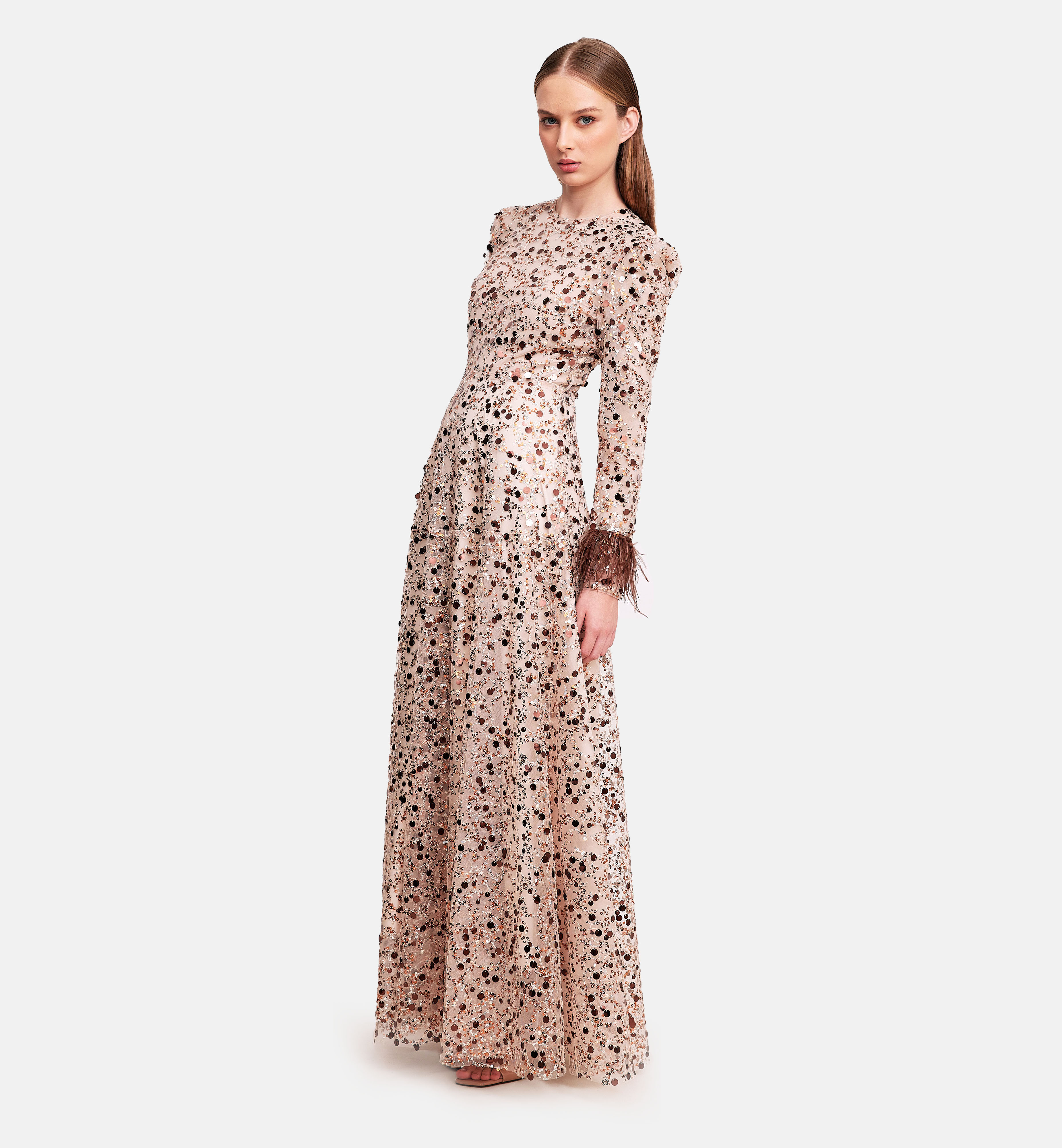 Sequins mix with feathers mesh midi dress, biege