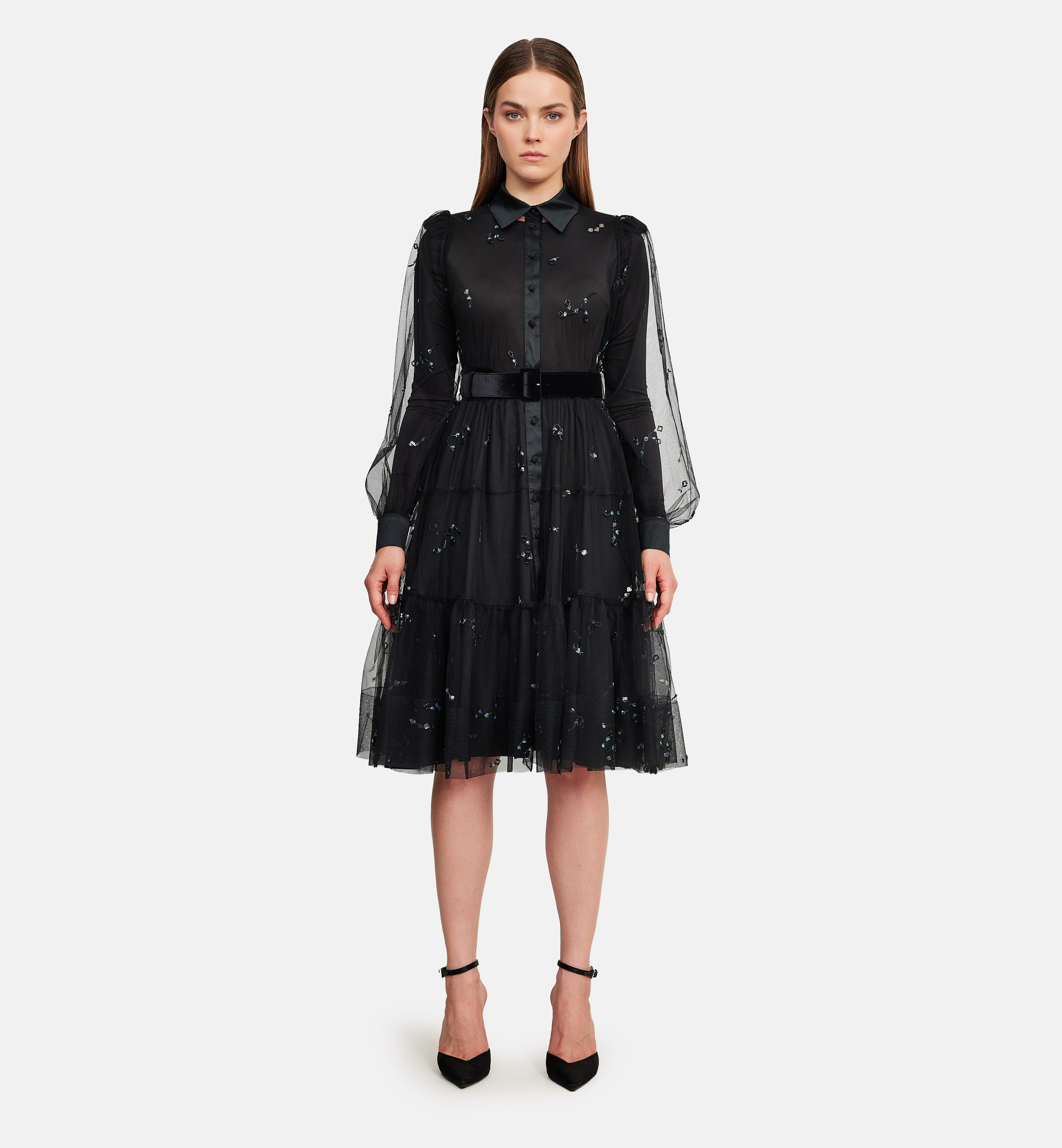 Collared embroidered mesh dress,black