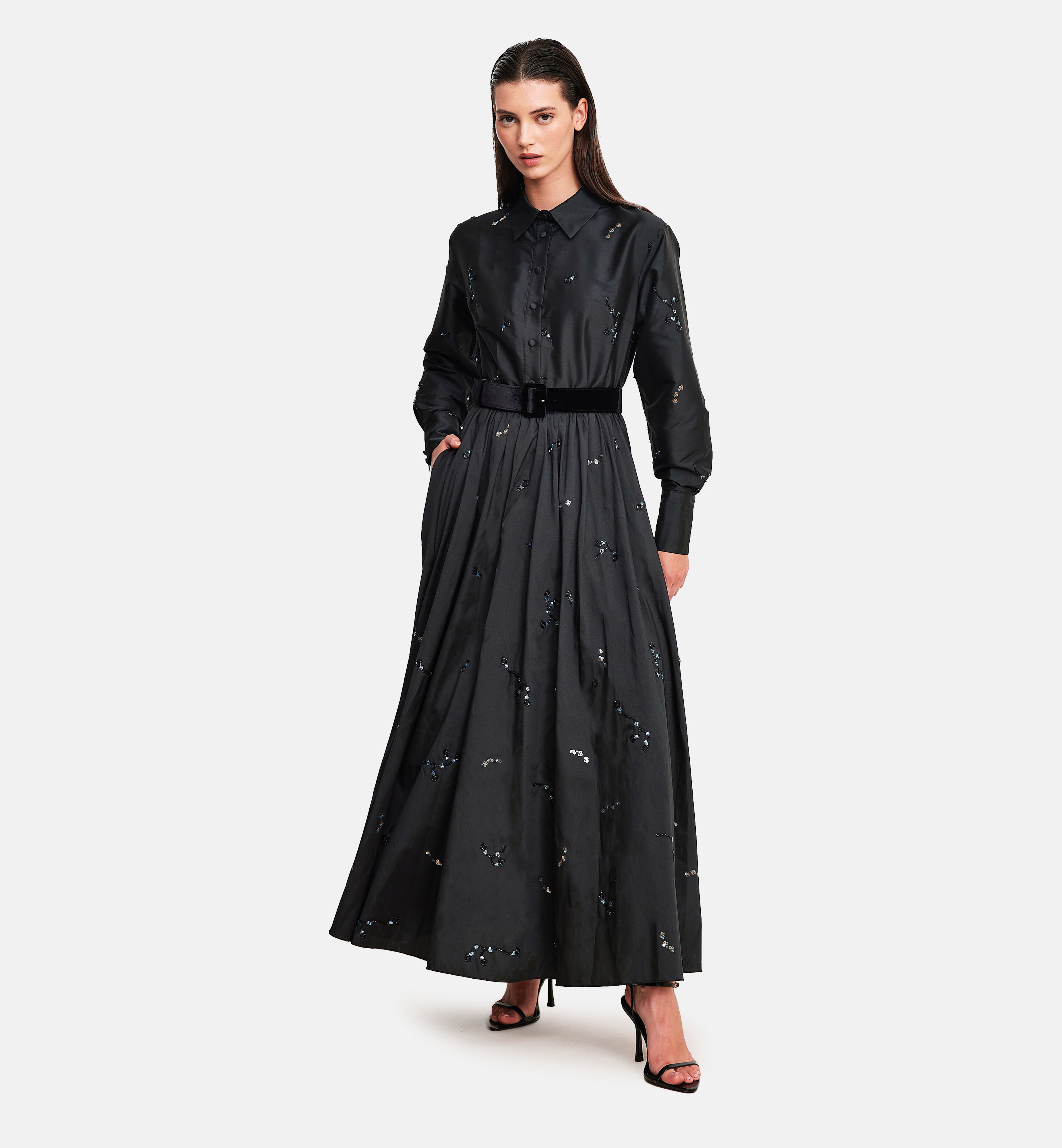 Collared embroidered taffeta midi dress, black