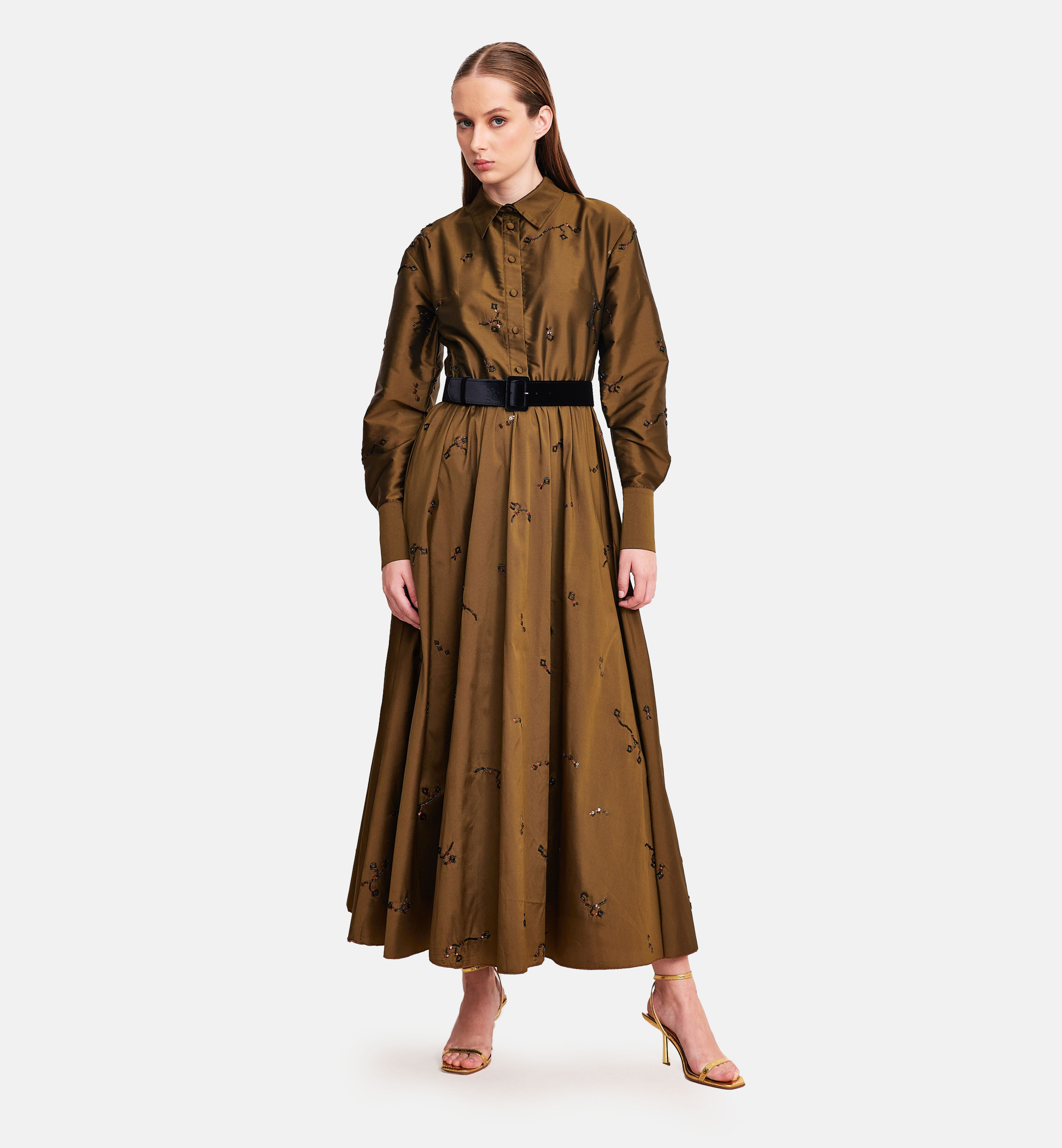 Collared embroidered taffeta midi dress, bronze